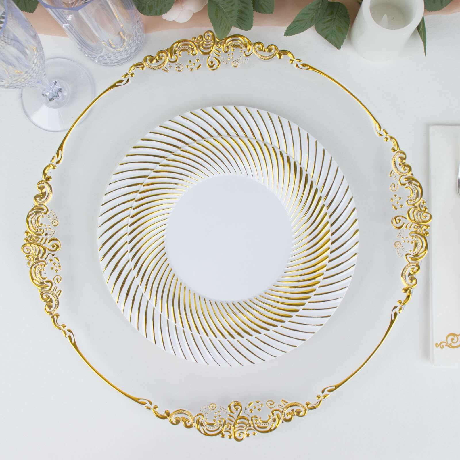 10-Pack Disposable White Plastic Round Dessert Plates with Gold Swirl Rim for Elegant Events