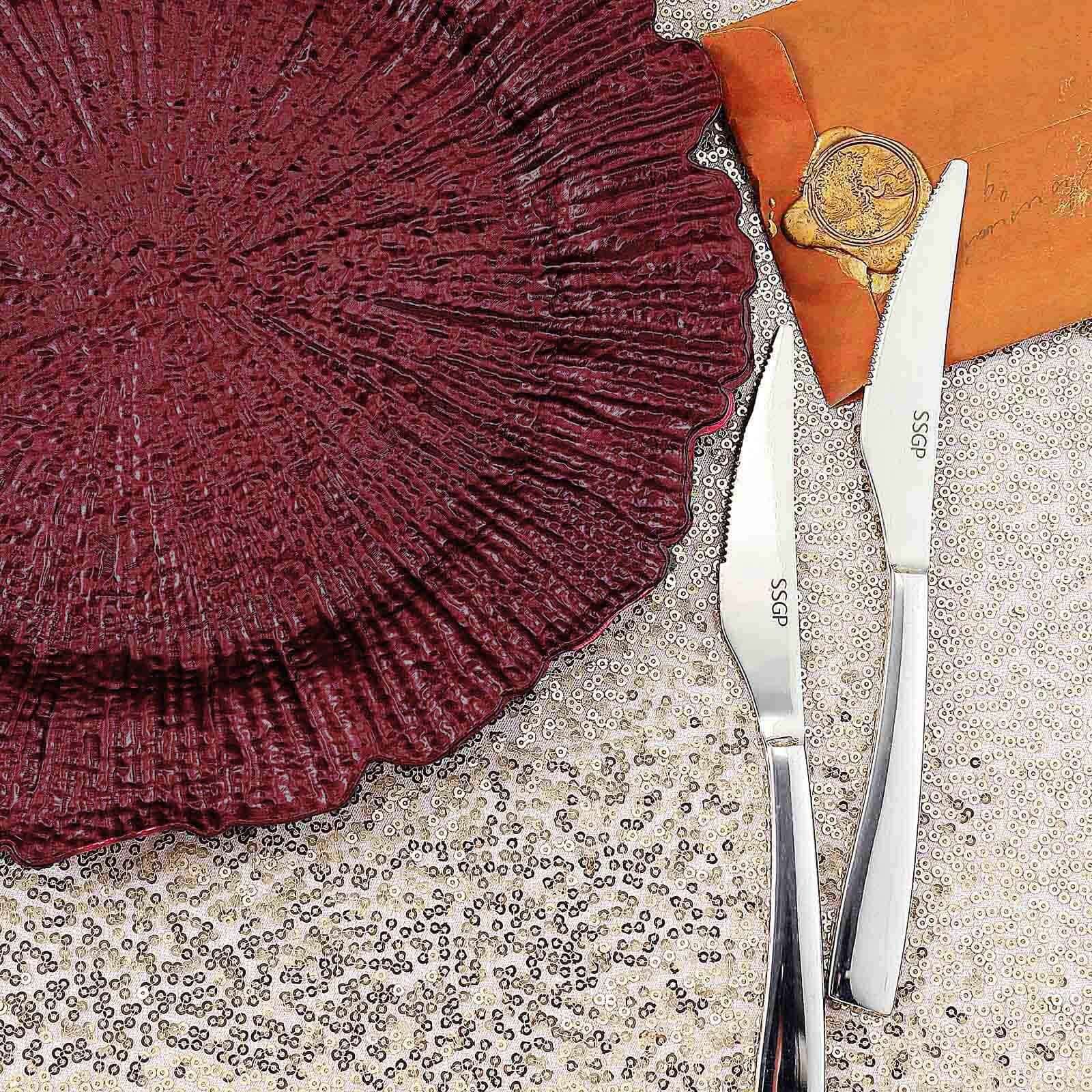 6-Piece Set of 13-Inch Burgundy Acrylic Plastic Round Dinner Charger Plates with Reef Design