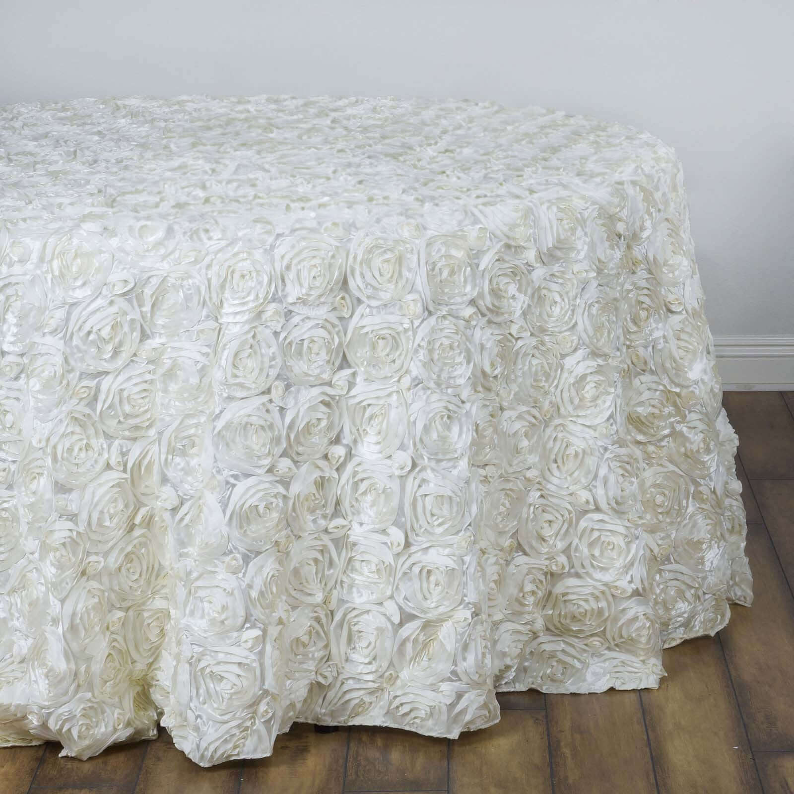 Hot Sale! Seamless 3D Rosette Ivory Satin 132 - inch Round Tablecloth for Special Events