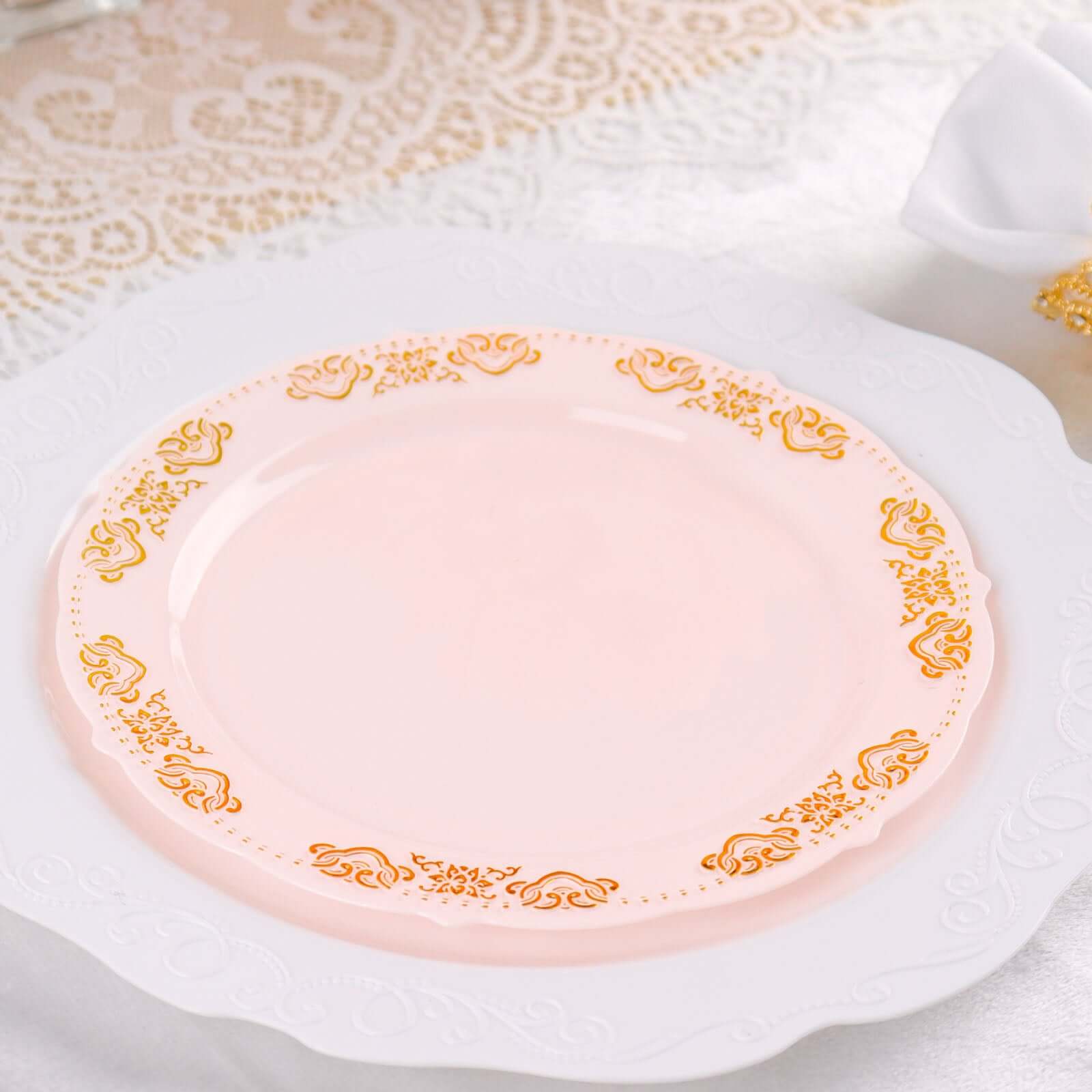 Hot Deal! 10-Pack Disposable Blush Plastic Round Appetizer Plates with Gold Embossed Scalloped Edge for Special Events