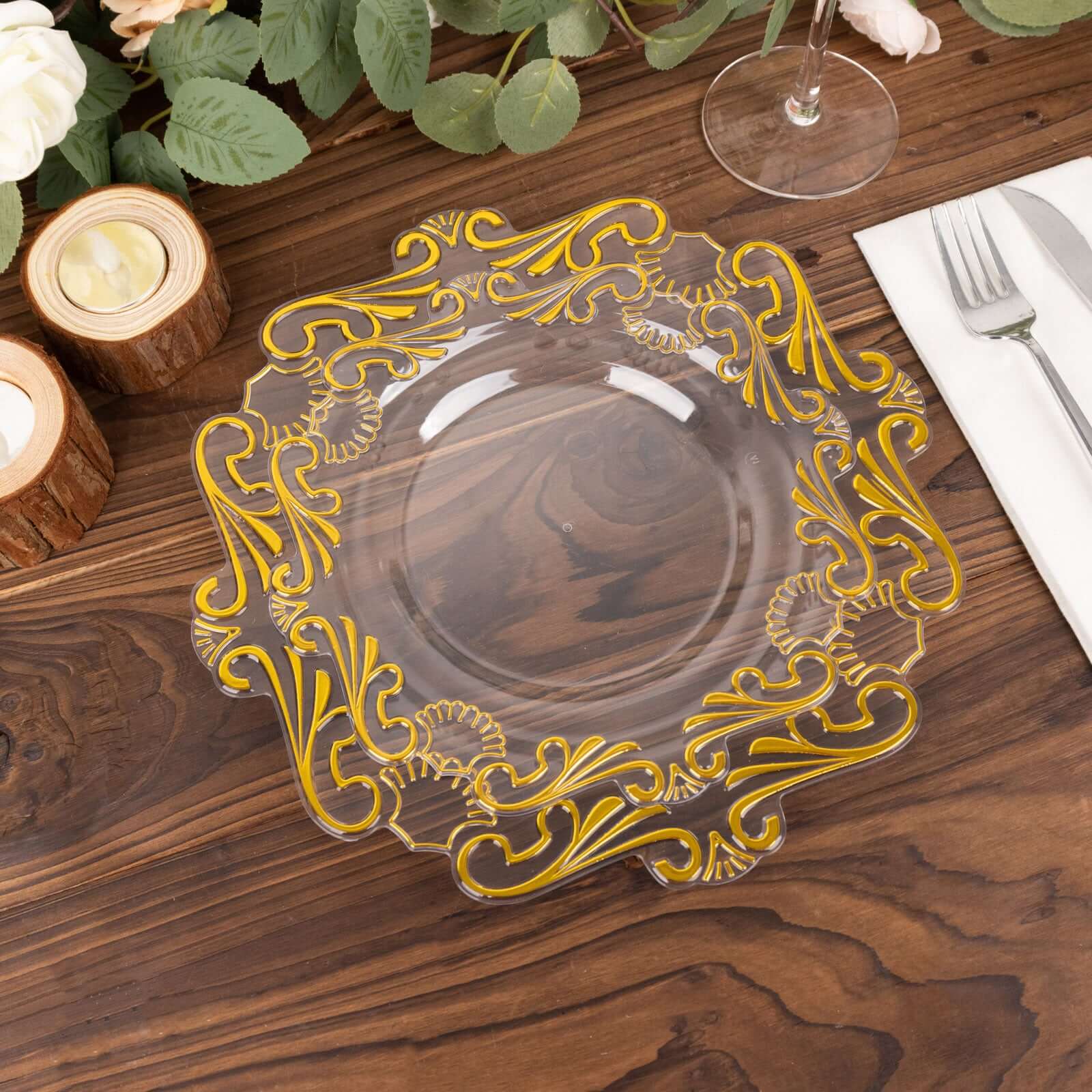 10-Piece Set of Clear Plastic Round Dessert Plates with Gold Vintage Baroque Scalloped Edge