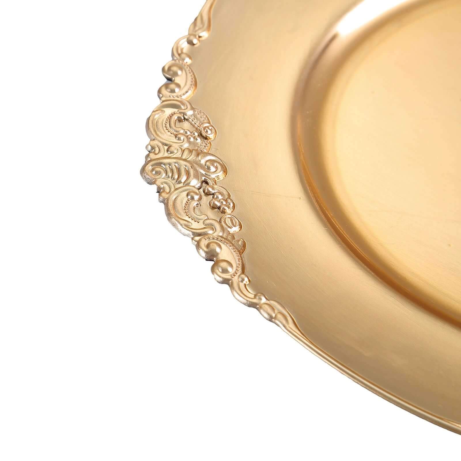 6-Pack 13-inch Gold Acrylic Round Charger Plates with Embossed Baroque Rim - Ideal for Dinner Parties