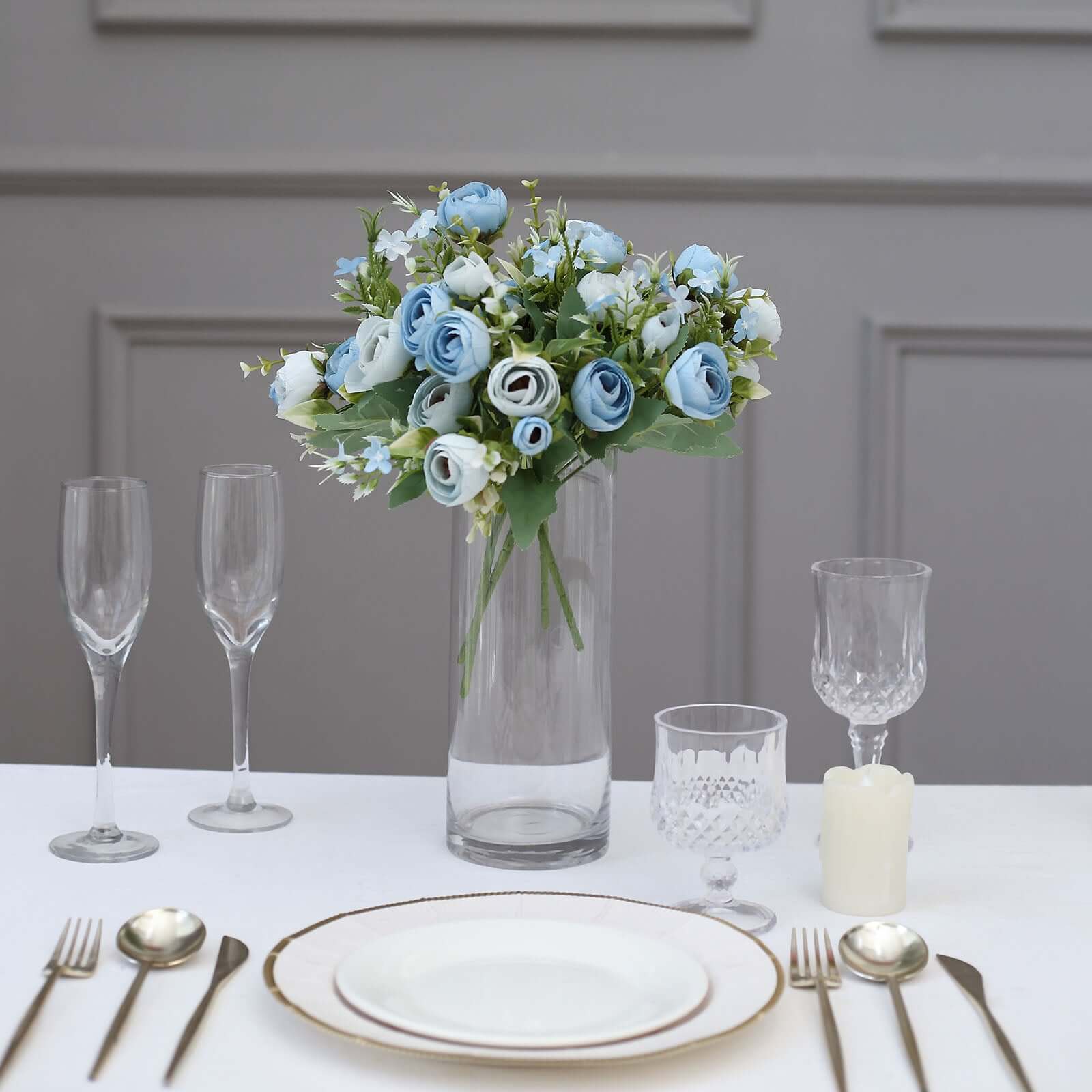4-Pack Dusty Blue Artificial Ranunculus Silk Flower Bouquets for Bridal and Decor