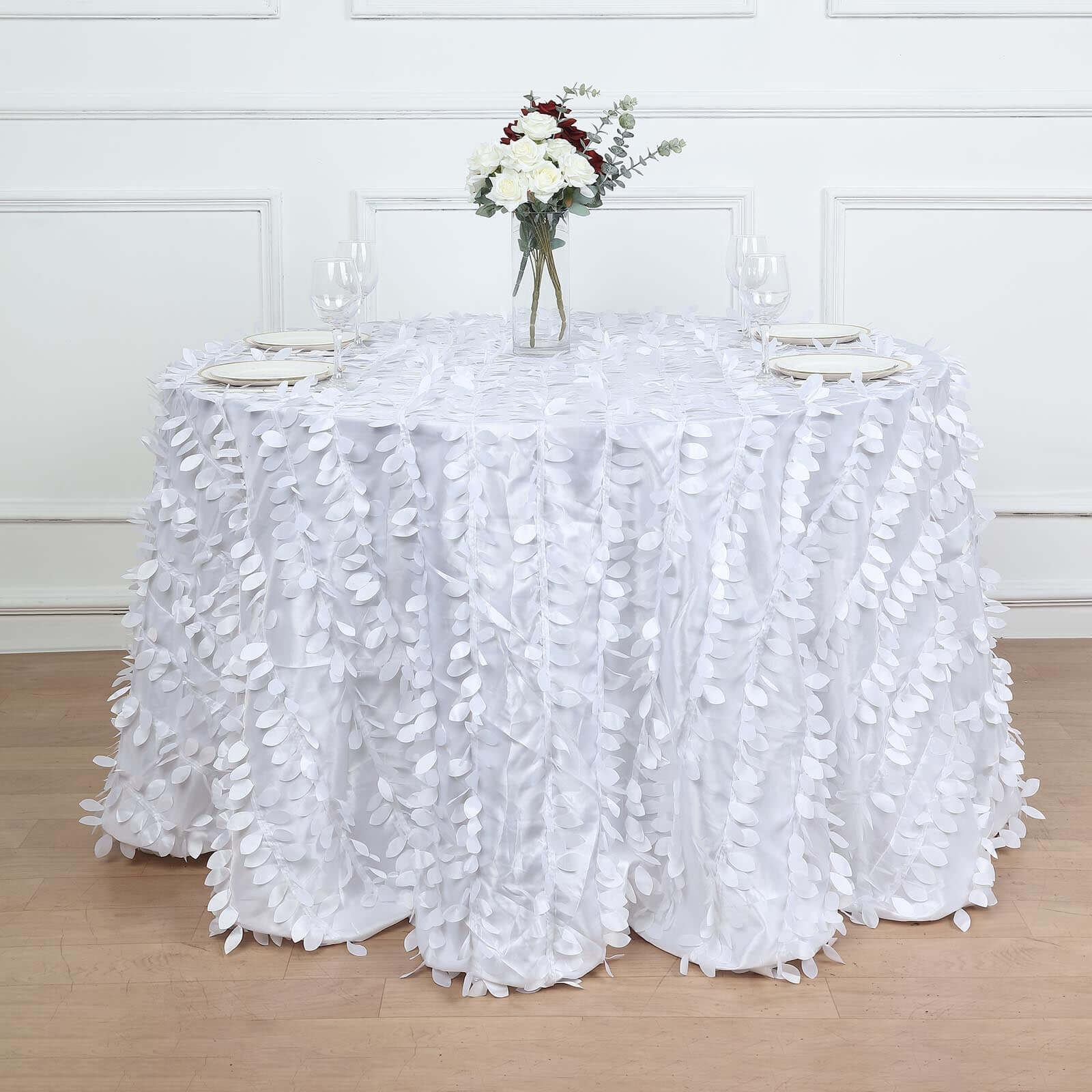 Premium White Taffeta 120 Round Tablecloth with 3D Leaf Petal Design for Weddings & Events