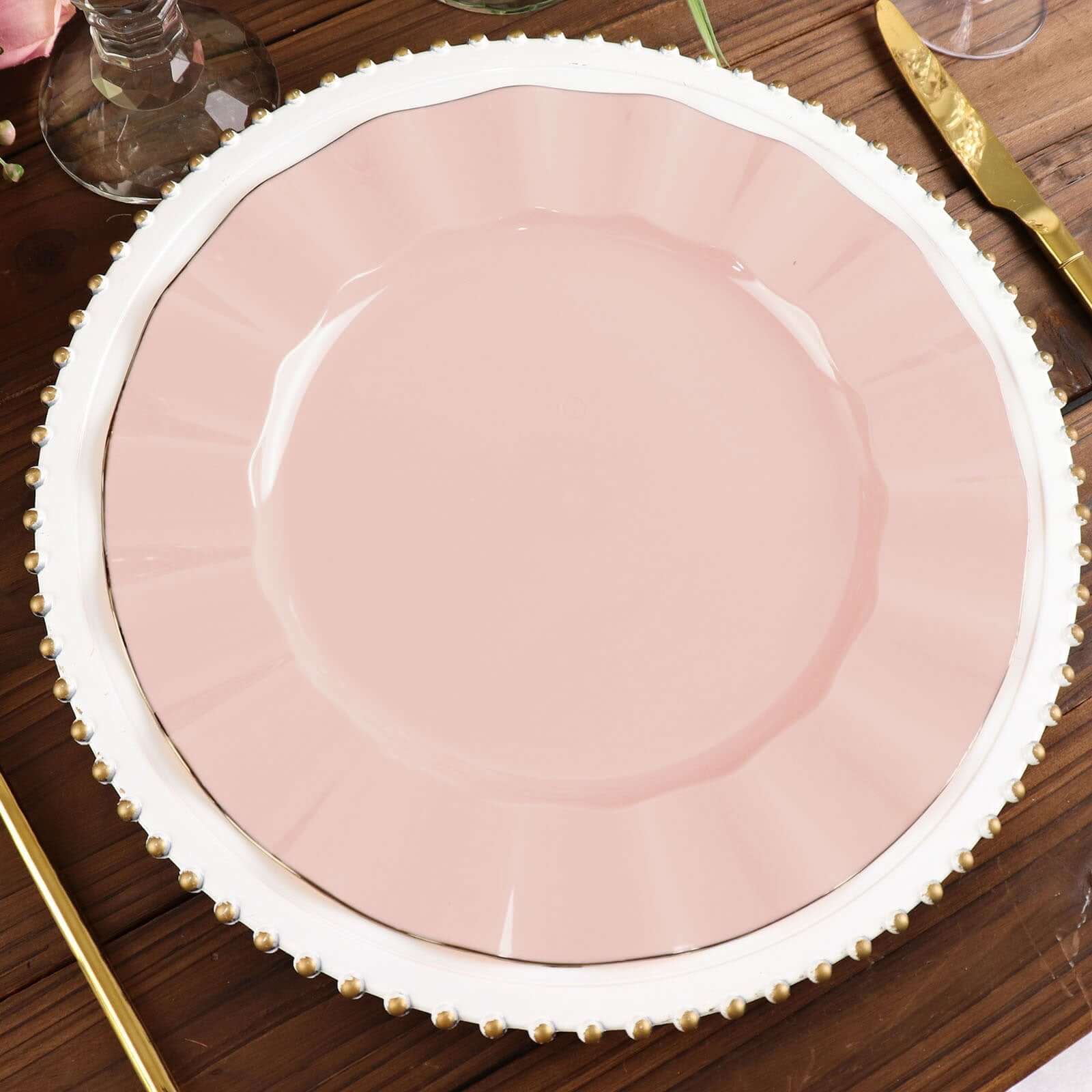 10-Piece Set of Sturdy Blush Plastic Round Dinner Plates with Gold Ruffled Edging