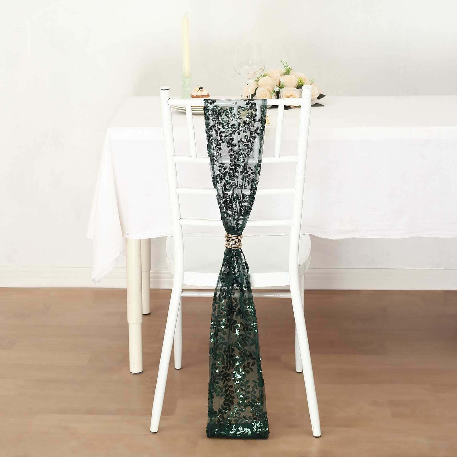 Hot Deal! 5-Pack Hunter Emerald Green Tulle Chair Sashes with Leaf Vine Sequins, 6x88