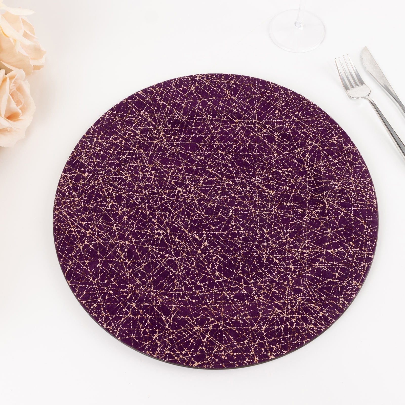 6-Piece Set of 13-Inch Purple Acrylic Round Charger Plates with Gold Glitter Abstract Design - Ideal for Parties