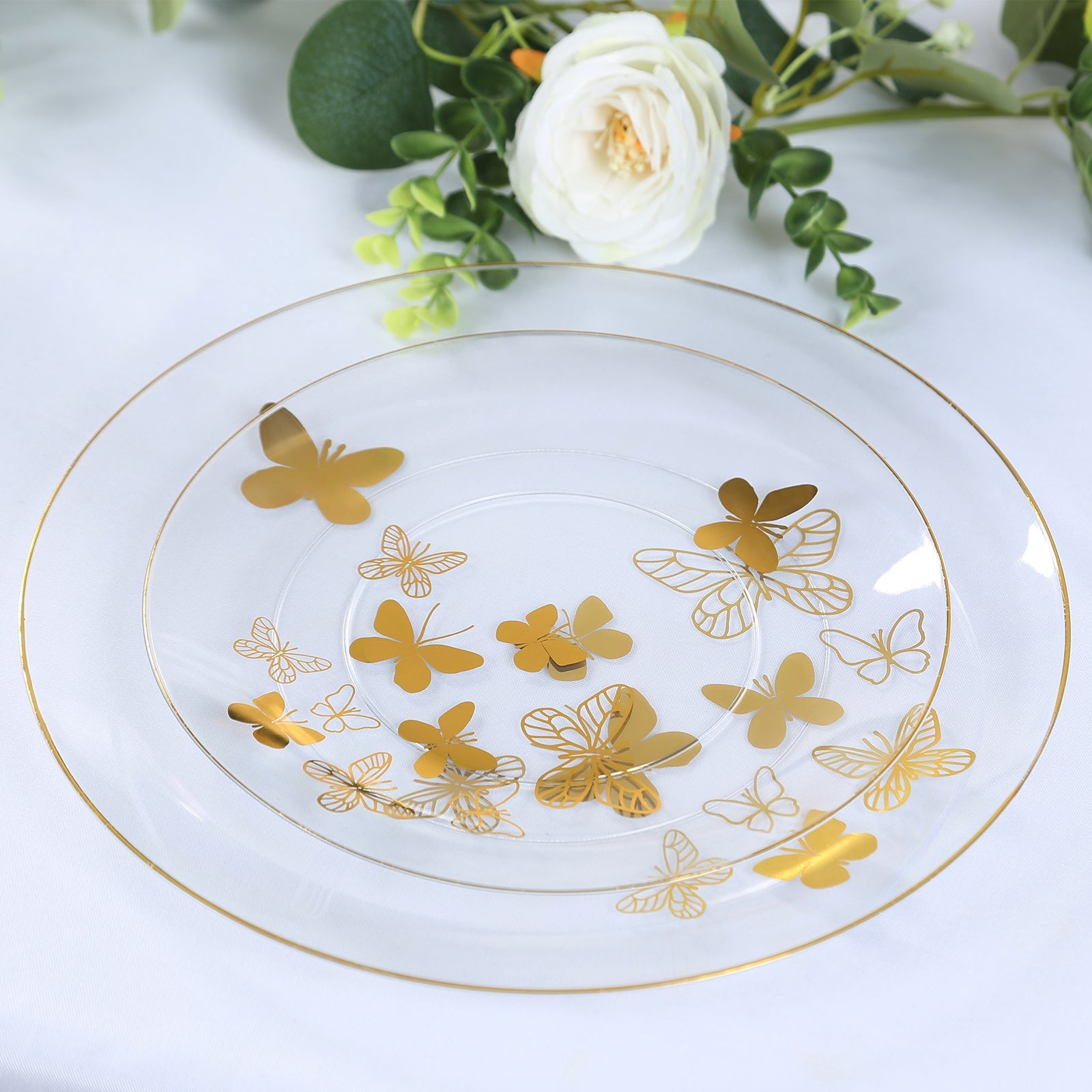 Get 20-Piece Clear Plastic Dinner & Salad Plates with Gold Butterfly Design & Rim - Stylish Disposable Ware