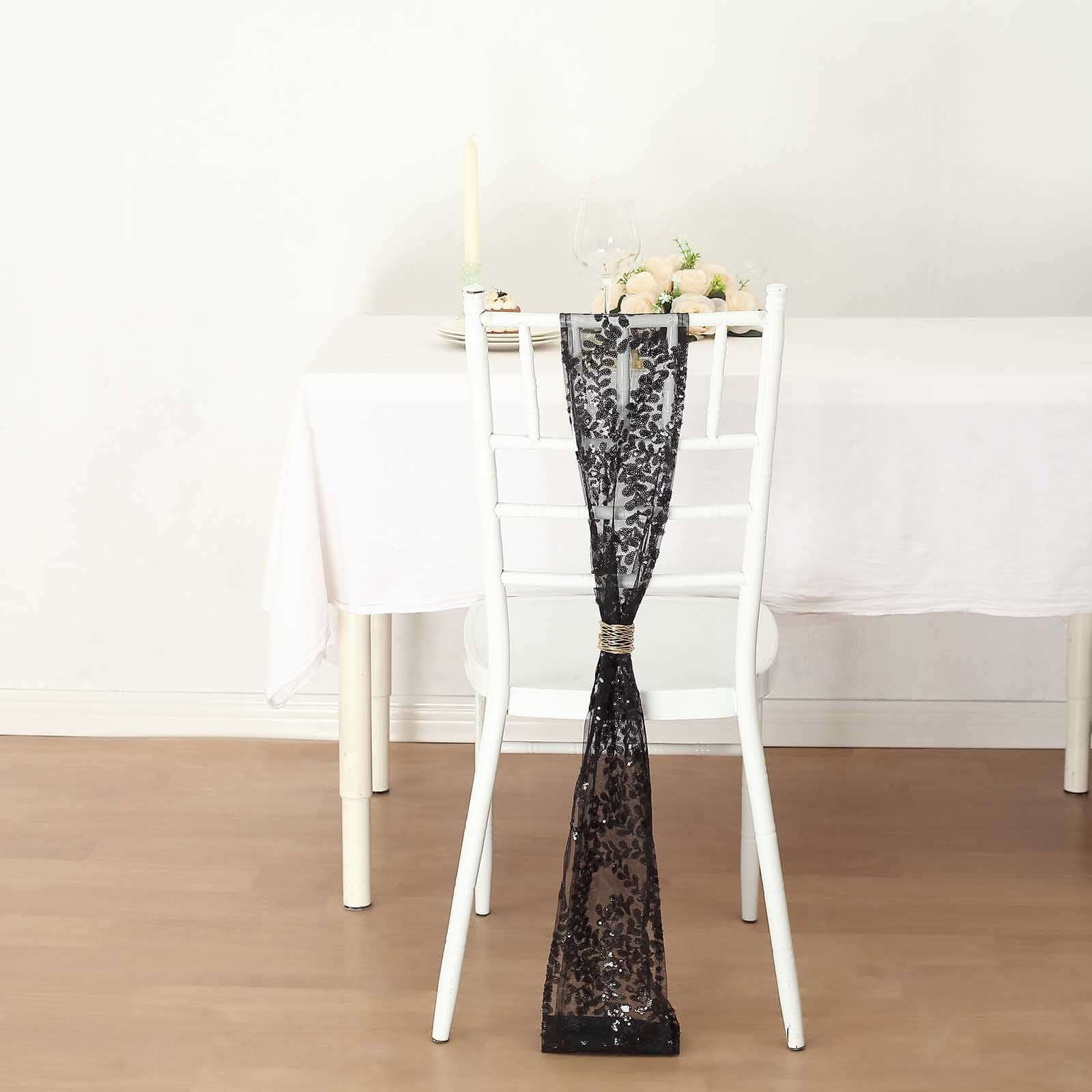 5-Pack Black Tulle Chair Sashes with Leaf Vine Embroidered Sequins - Ideal for Special Events