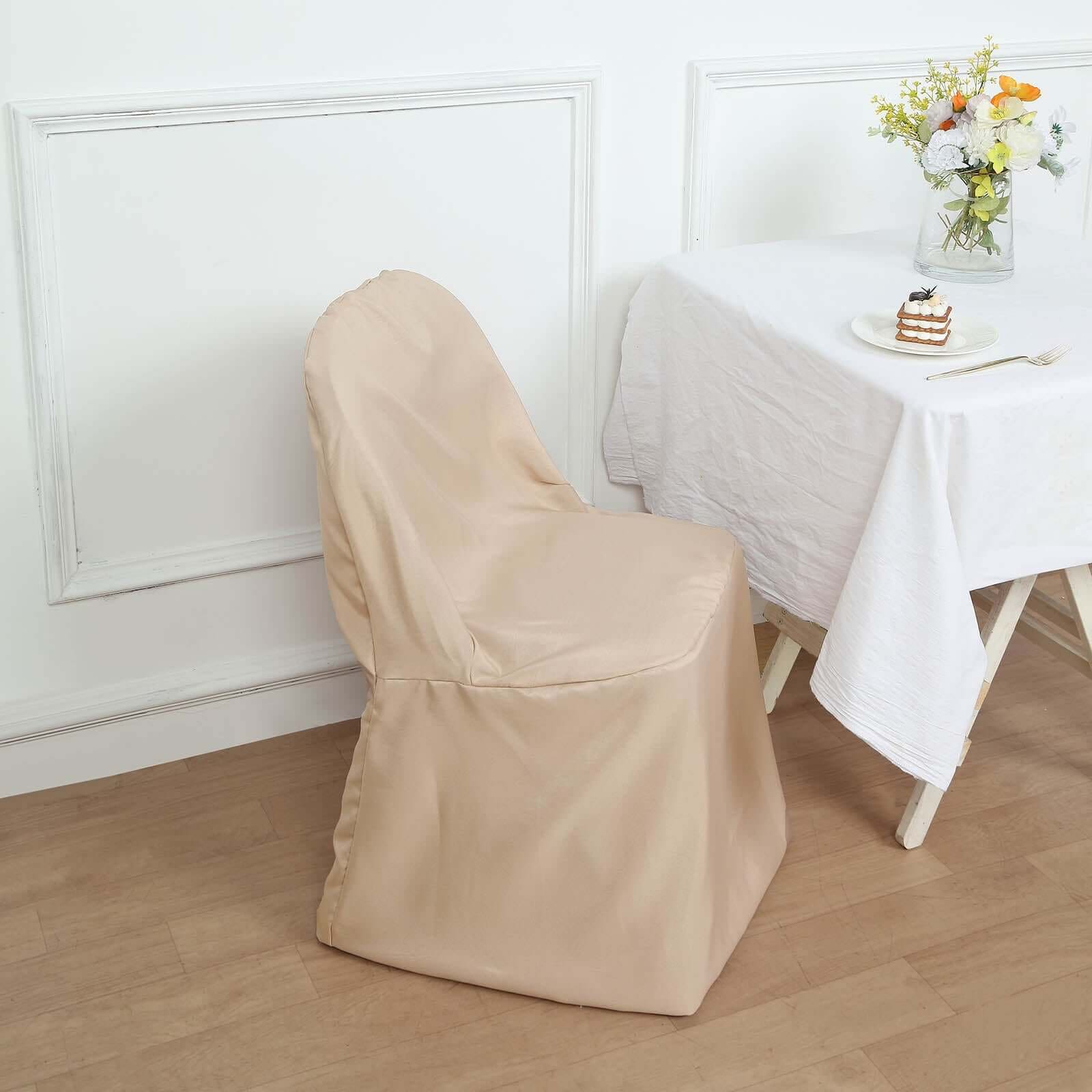 Hot Sale! 10-Piece Polyester Slip-On Chair Covers in Nude for Folding Chairs, Wrinkle & Stain Resistant