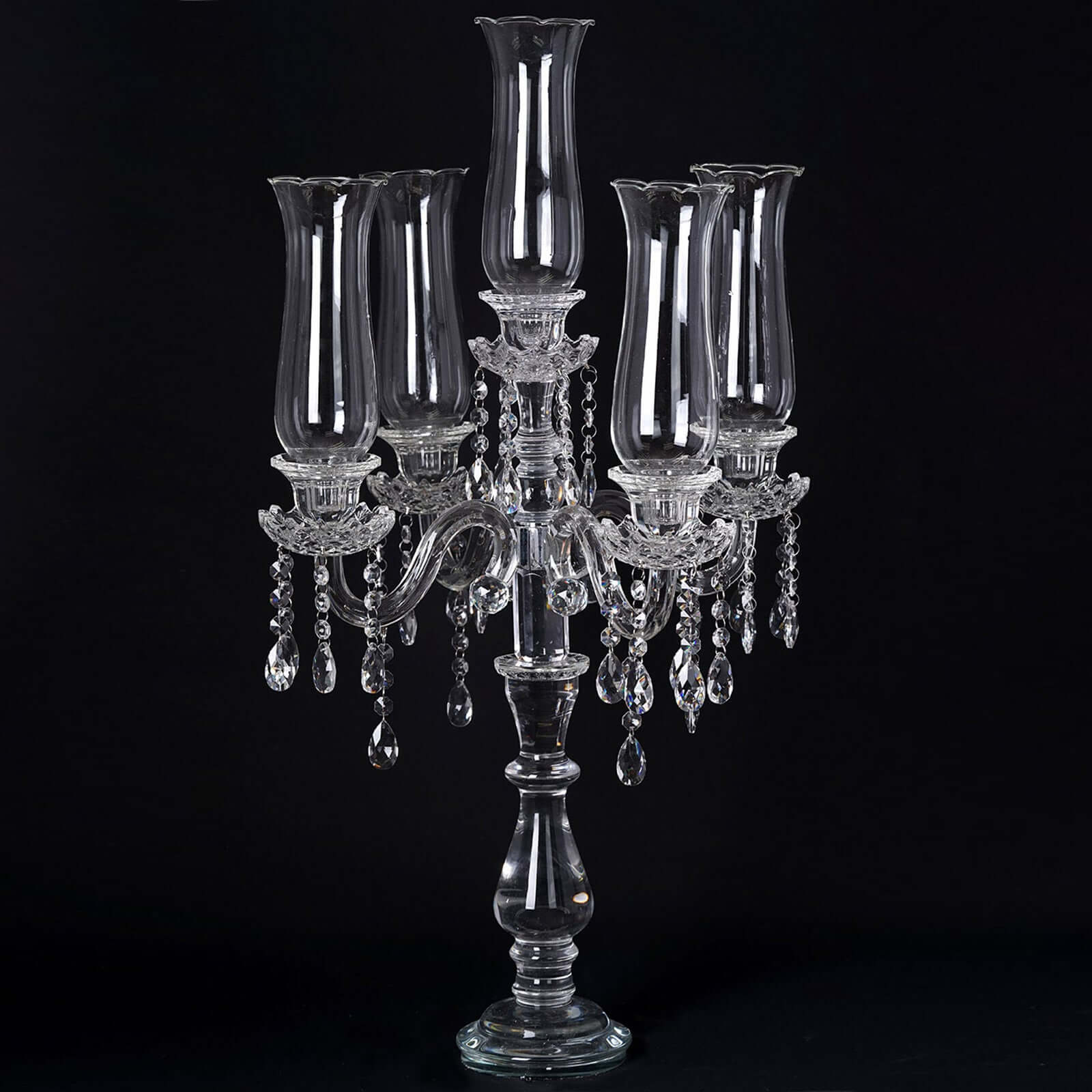 Hot Sale! 5 - Arm Crystal Glass Taper Candelabra, Stylish Table Centerpiece with Chandelier Chains, 32 Inches