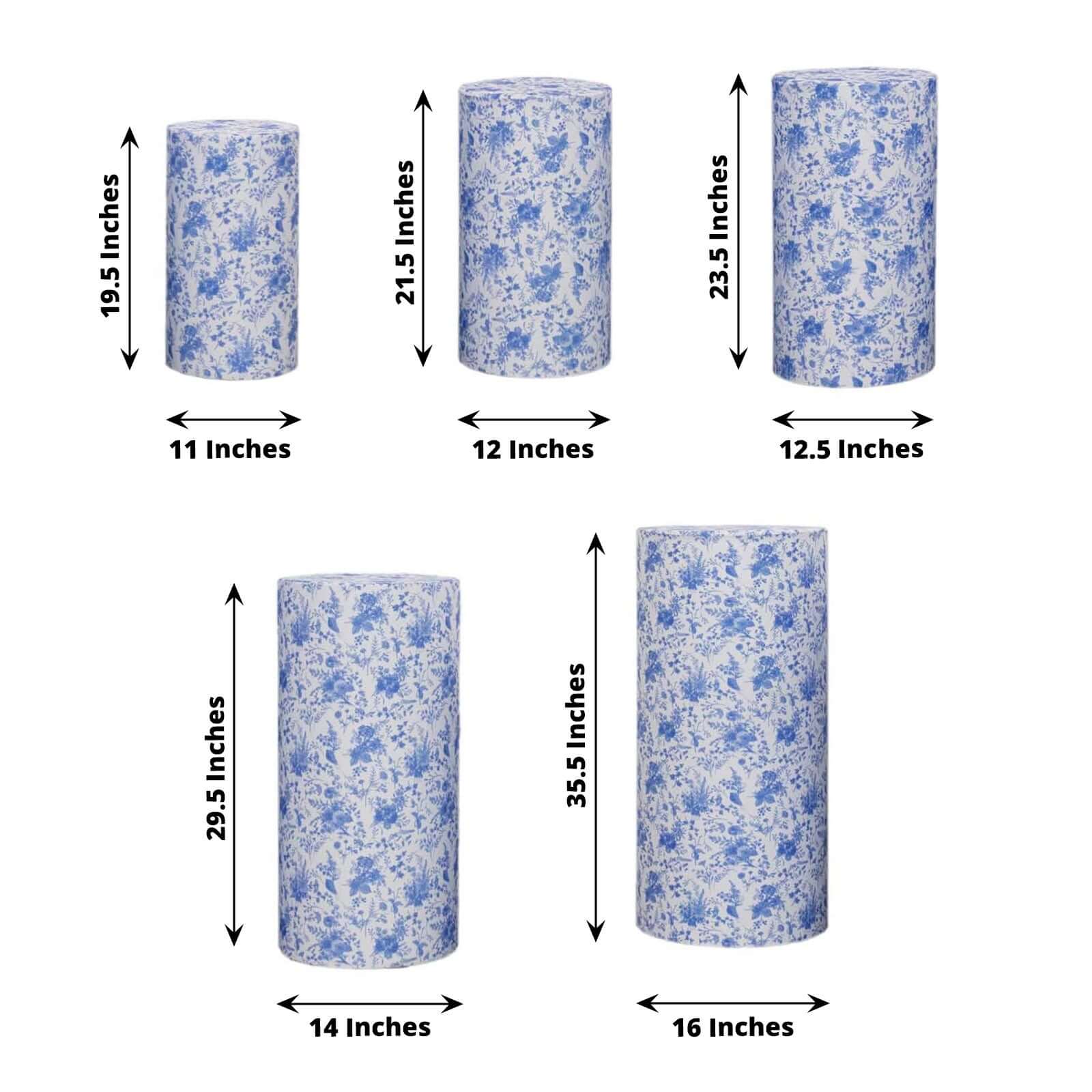 5-Piece Set of Stretchable White and Blue French Toile Floral Spandex Cylinder Pedestal Stand Covers, 160 GSM