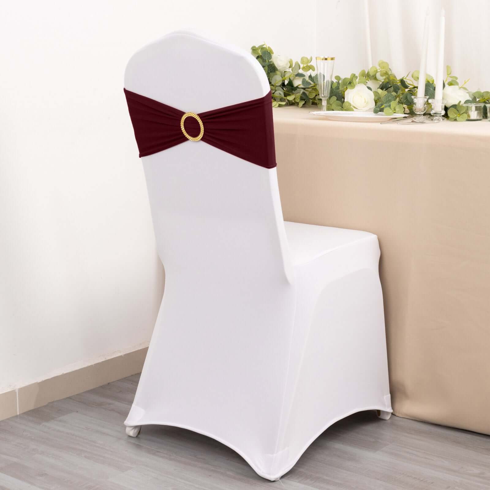 5-Pack Reusable Burgundy Spandex Chair Sashes with Gold Rhinestone Buckles - 4-Way Stretch
