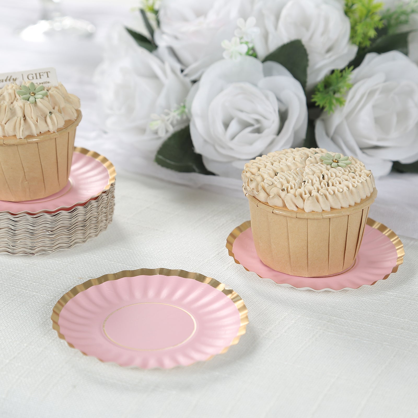 Hot Deal! 50-Pack Disposable Mini Round Blush Party Plates with Gold Scalloped Rim for Desserts