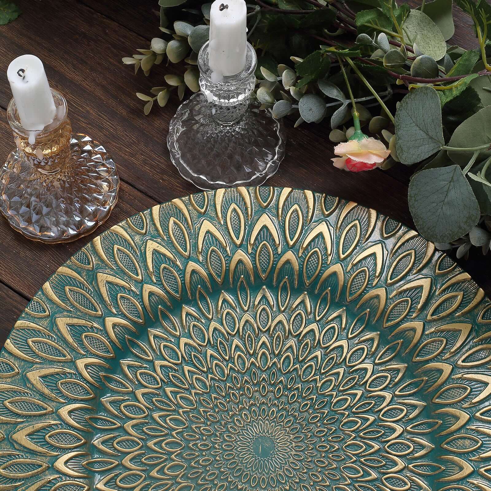 6-Piece Set of 13-Inch Teal Plastic Charger Plates with Gold Embossed Peacock Design