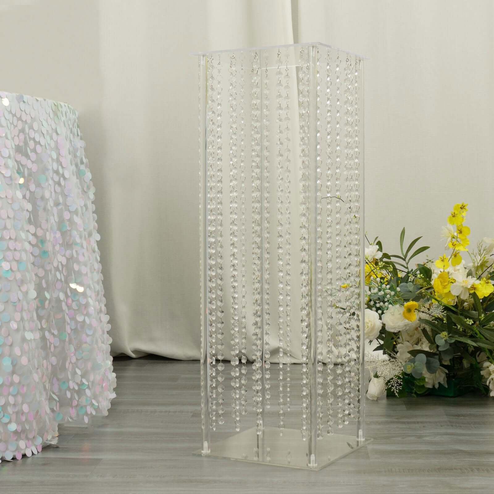 Clear Acrylic Flower Pedestal Vase with Crystal Beads - Elegant 40" Wedding Floor Centerpiece