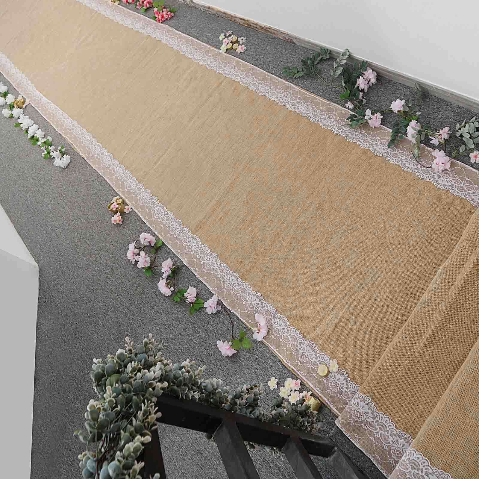Get This Stunning 30ft Natural Jute Burlap Aisle Runner with Elegant White Floral Lace Borders
