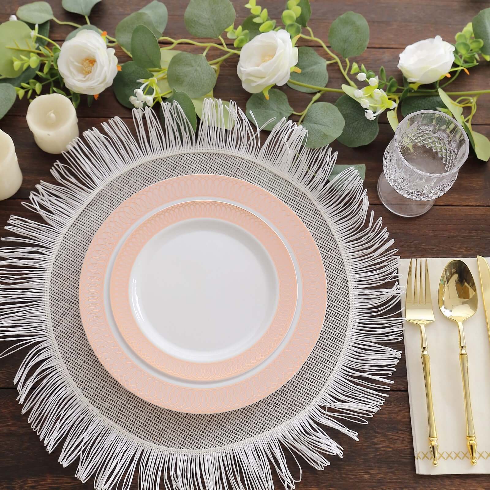 10-Piece Set of White Plastic Round Dinner Plates with Blush Rose Gold Spiral Rim for Parties
