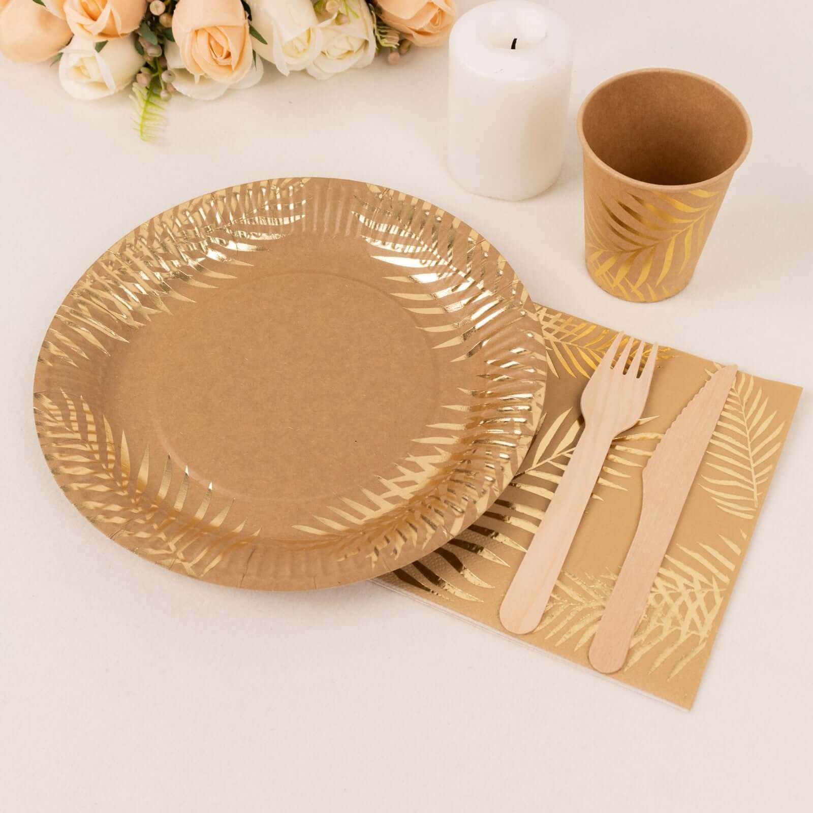Hot Deal! 72-Piece Disposable Paper Dinnerware Set with Gold Foil Palm Leaves Print