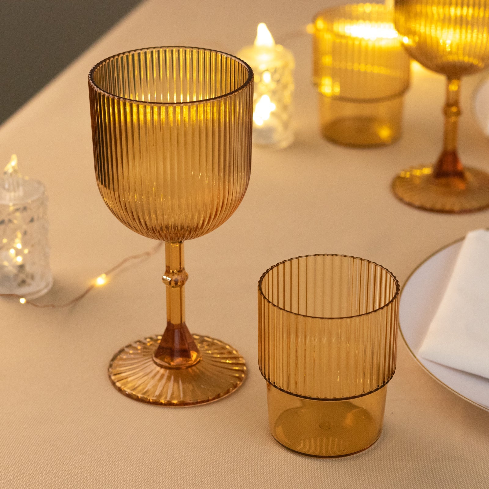 12-Pack Reusable 9oz Amber Gold Vintage Ribbed Plastic Wine Goblets - Shatterproof Glassware