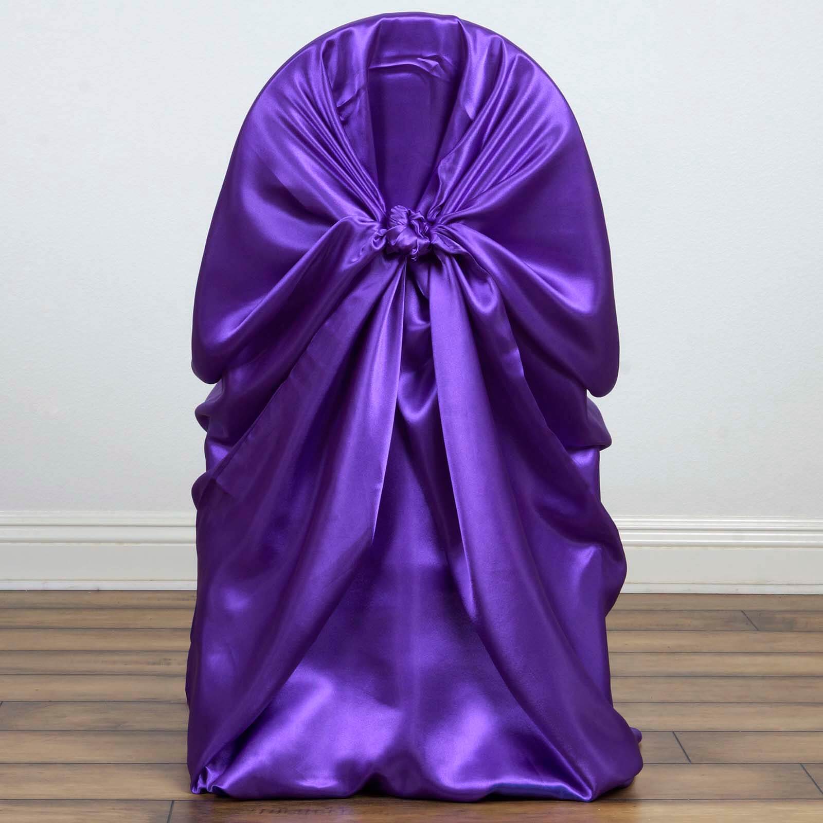 Affordable Purple Satin Self-Tie Chair Covers - Universal Design for Folding, Dining & Banquet Chairs