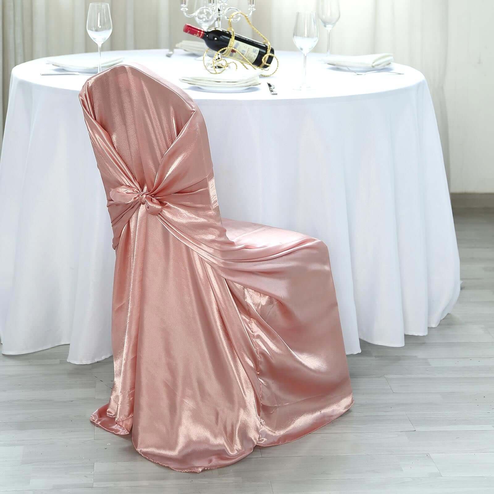 Durable Dusty Rose Satin Self - Tie Chair Cover for Folding, Dining & Banquet Chairs