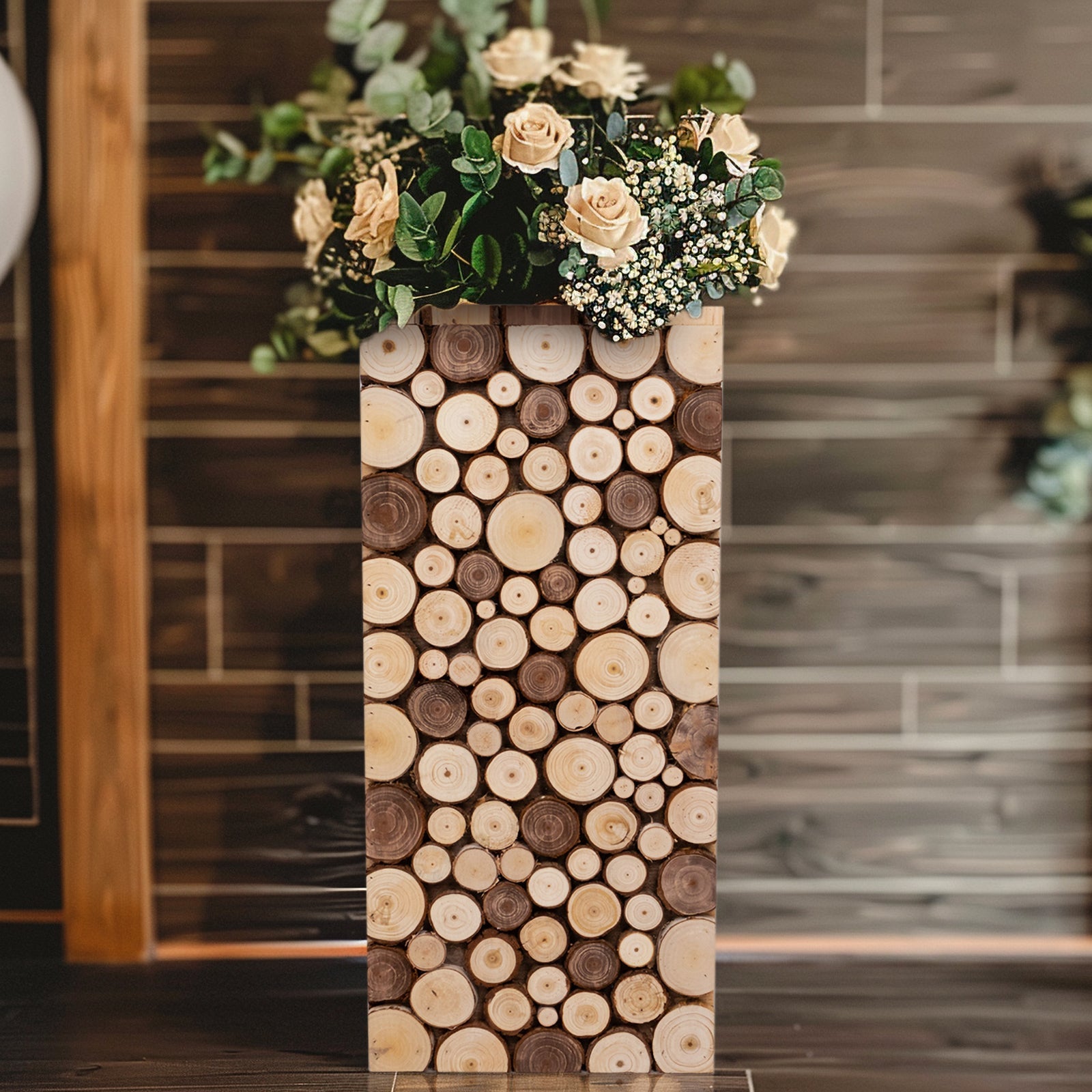 24-Inch Natural Brown Wooden Rectangular Plant Stand, Rustic Farmhouse Pillar Prop