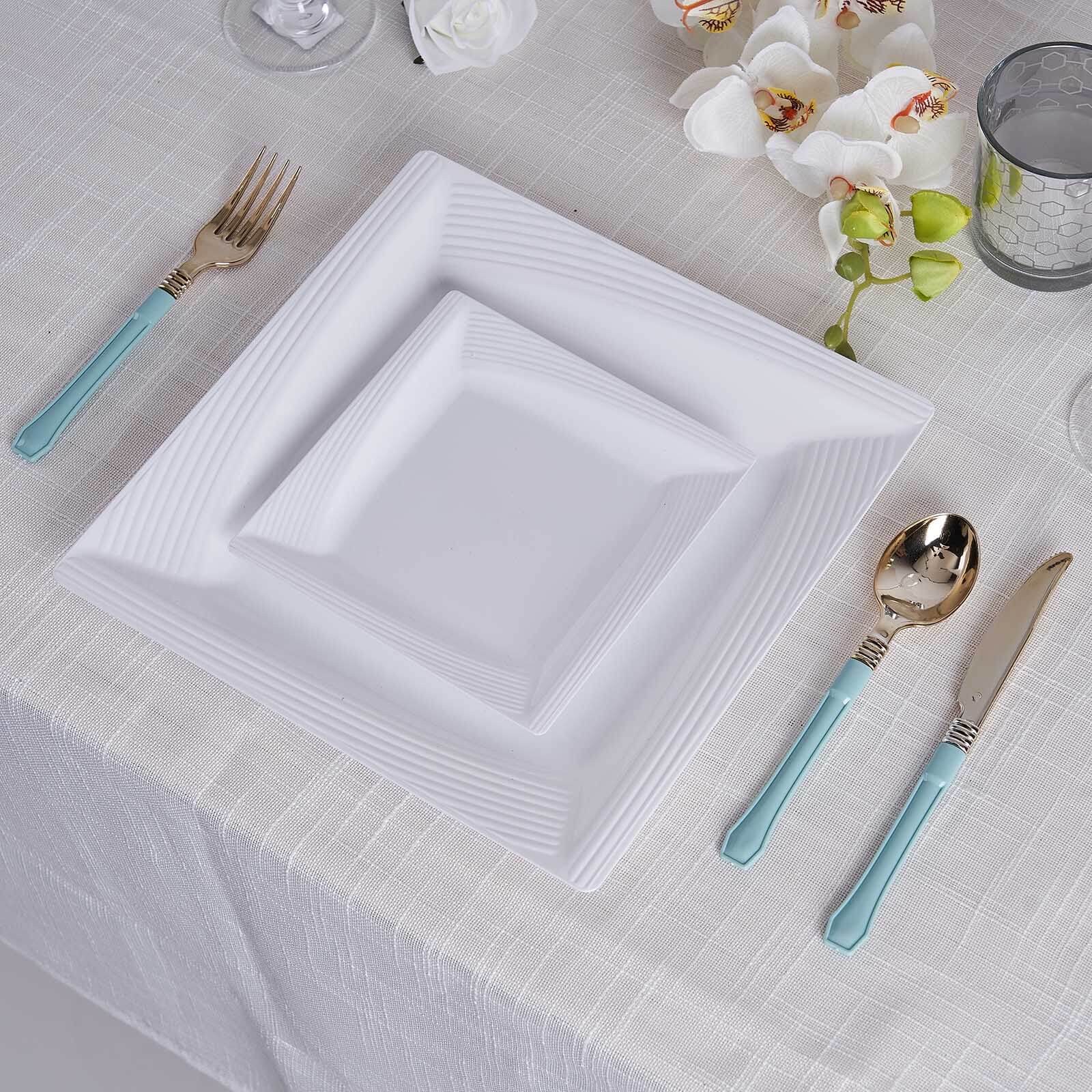10-Pack White Disposable Plastic Square Dessert and Salad Plates with Geometric Ridge Trim for Stylish Events