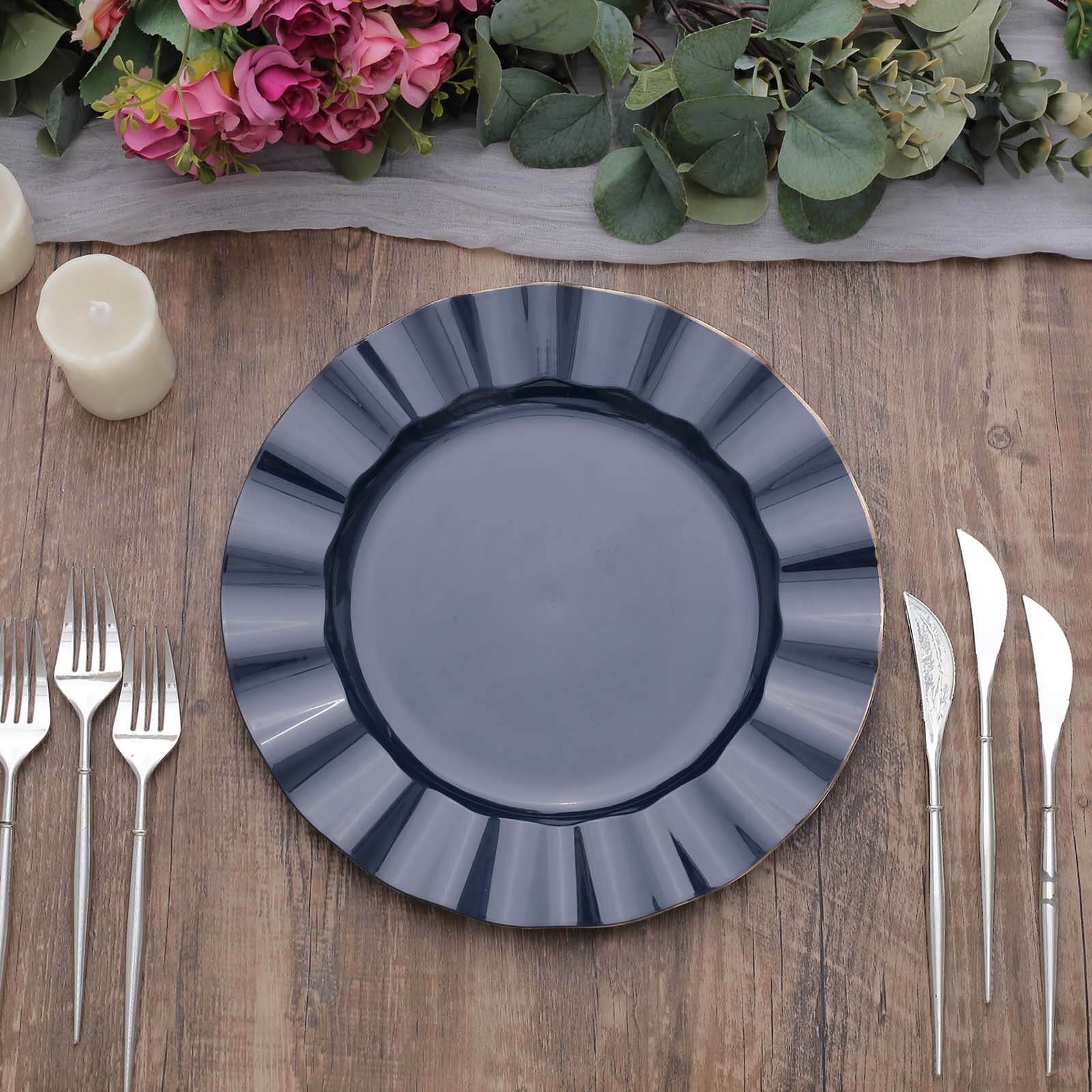 Hot Deal! 10-Pack 11" Navy Blue Plastic Round Dinner Plates with Gold Ruffled Edging - Sturdy Disposable