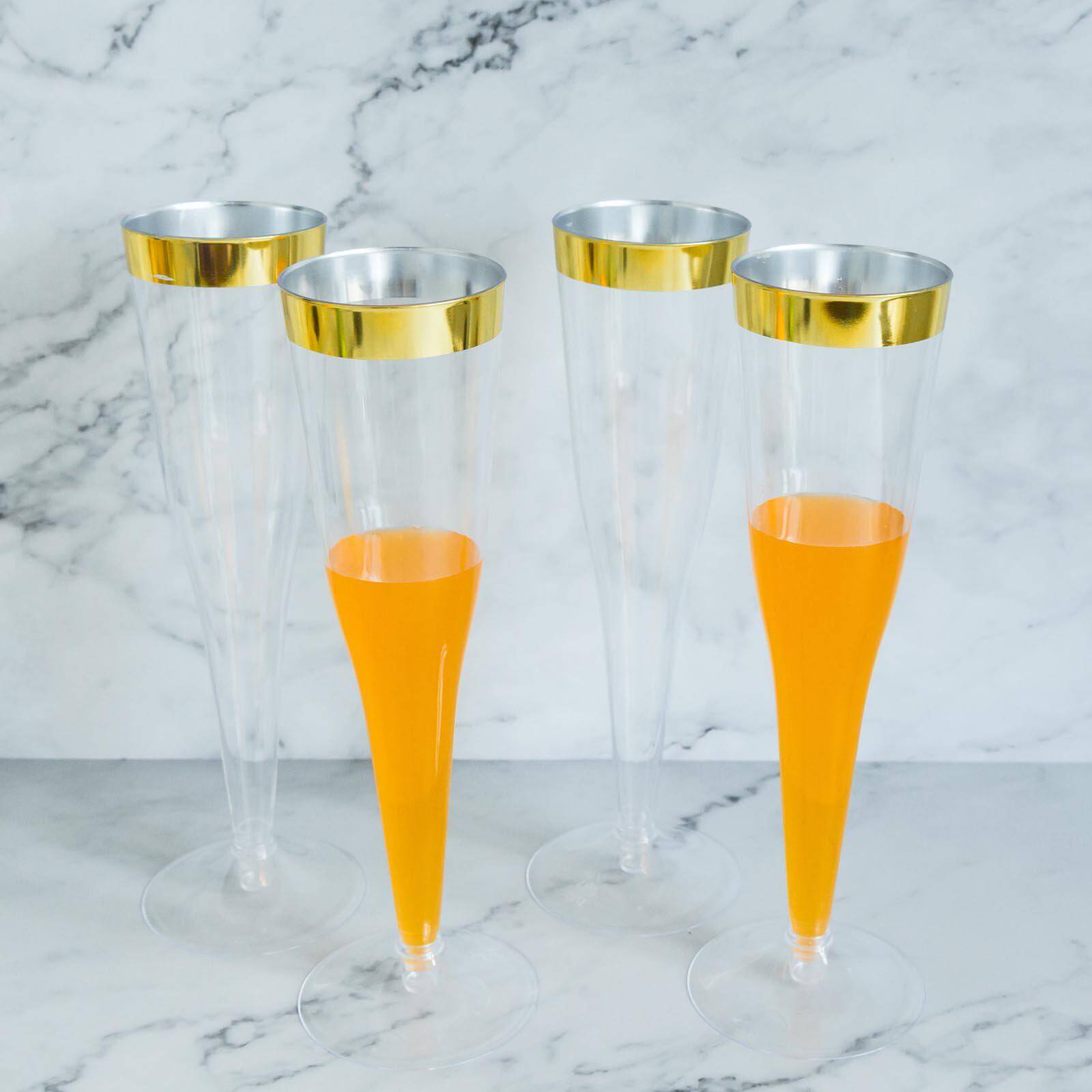12-Pack Stylish Disposable 6oz Plastic Champagne Flutes with Detachable Base, Clear with Gold Rim