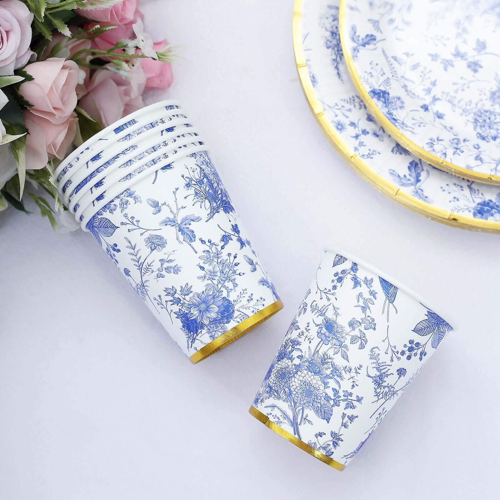 24-Pack 9oz Disposable Paper Party Cups in Elegant French Toile Pattern with Gold Rim