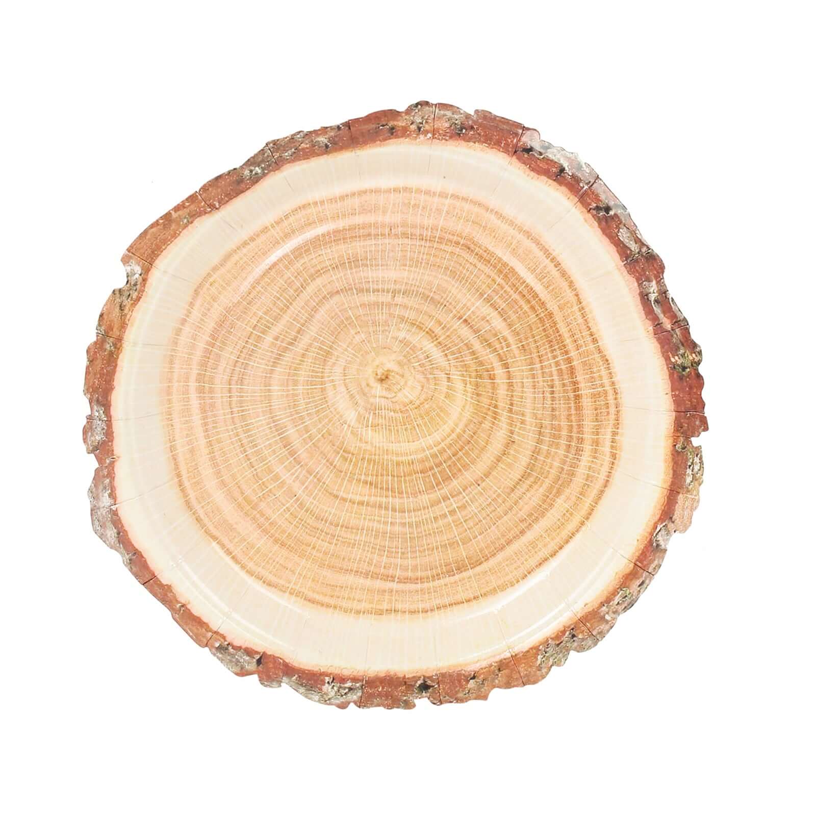 25-Pack Disposable 7-Inch Round Paper Dessert Plates with Natural Wood Slice Print for Rustic Farmhouse Events