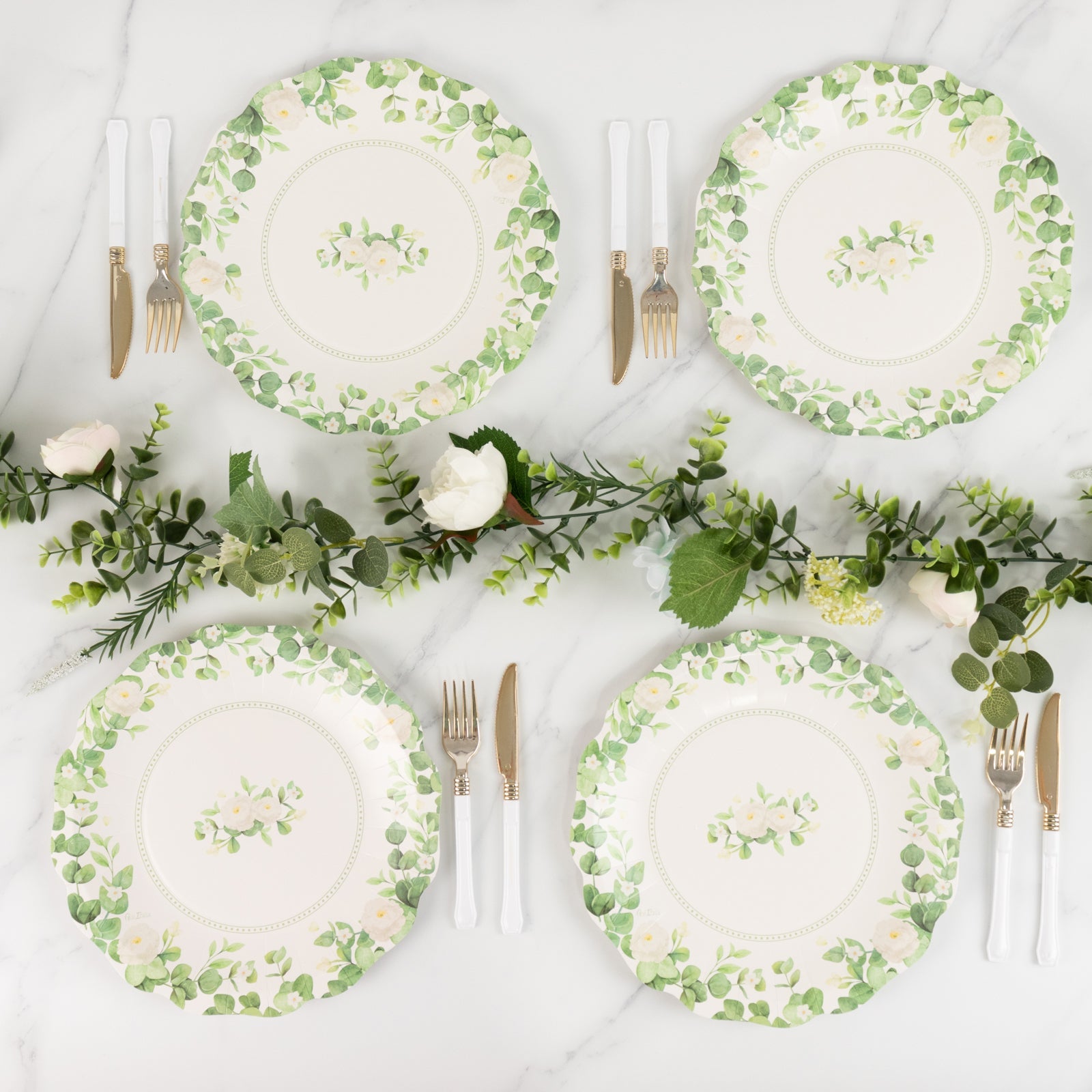 25-Pack Disposable 8-Inch White Floral Greenery Scalloped Edge Paper Dessert Plates - Ideal for Rustic Weddings & Garden Brunches