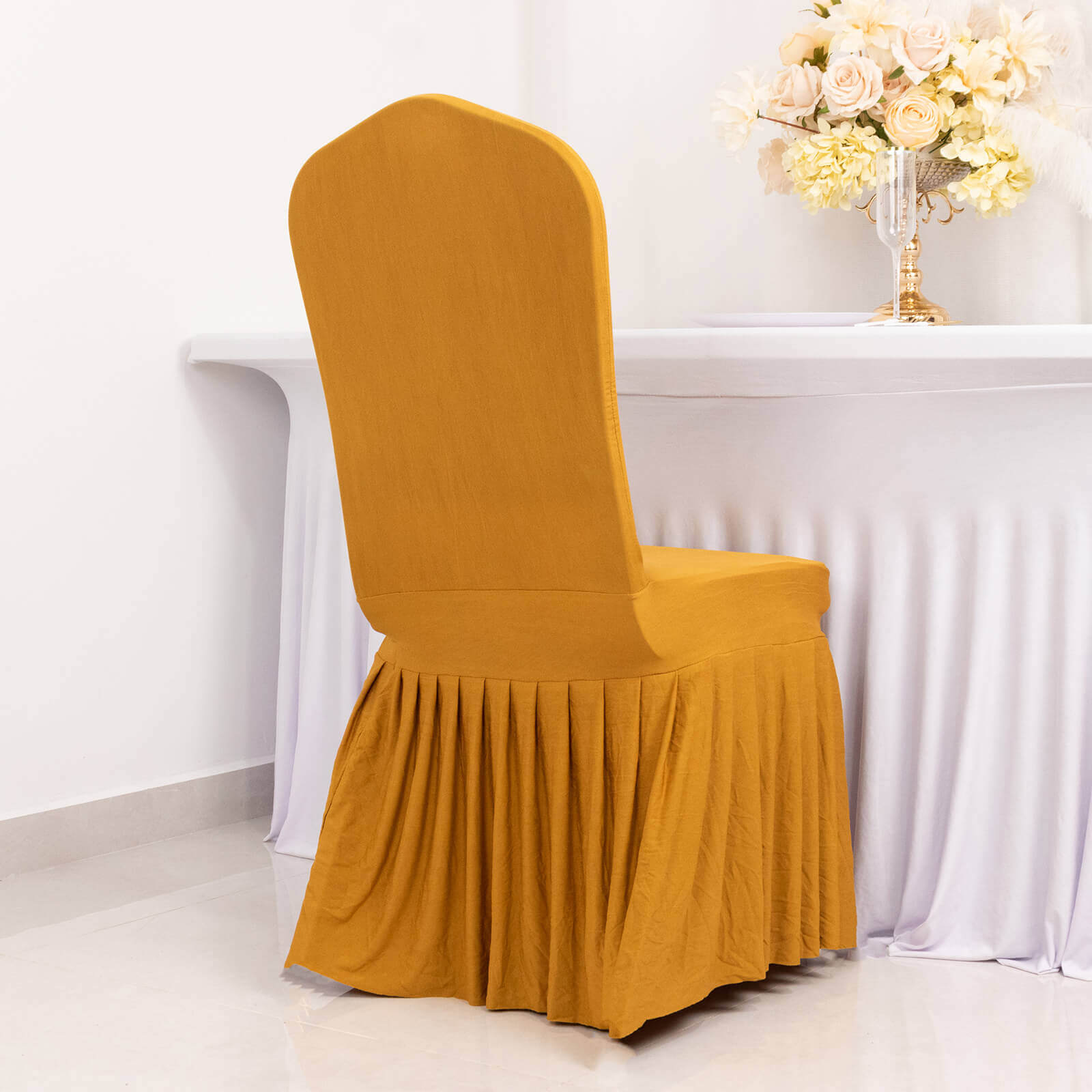 Gold Spandex Stretch Chair Cover with Ruffle Pleated Skirt - Ideal for Banquets!