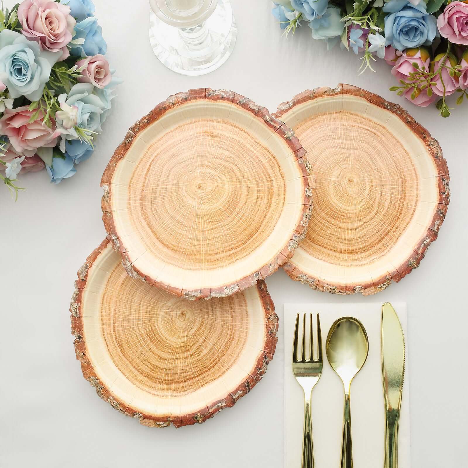 25-Pack Disposable 7-Inch Round Paper Dessert Plates with Natural Wood Slice Print for Rustic Farmhouse Events