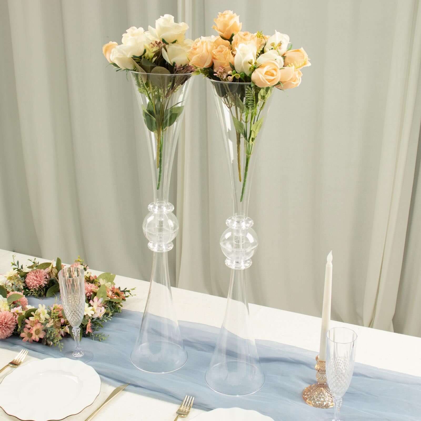 2-Pack Clear Reversible Plastic Trumpet Flower Vases with Crystal Embellishments - Ideal for Events!