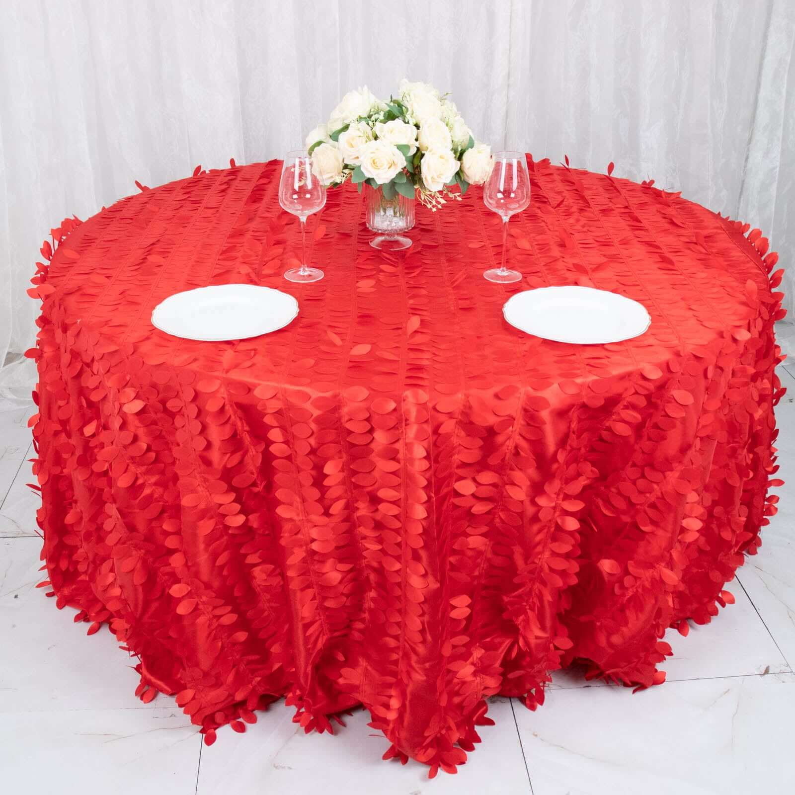 Hot Sale! Red 132-Inch Round Taffeta Tablecloth with 3D Leaf Petal Design