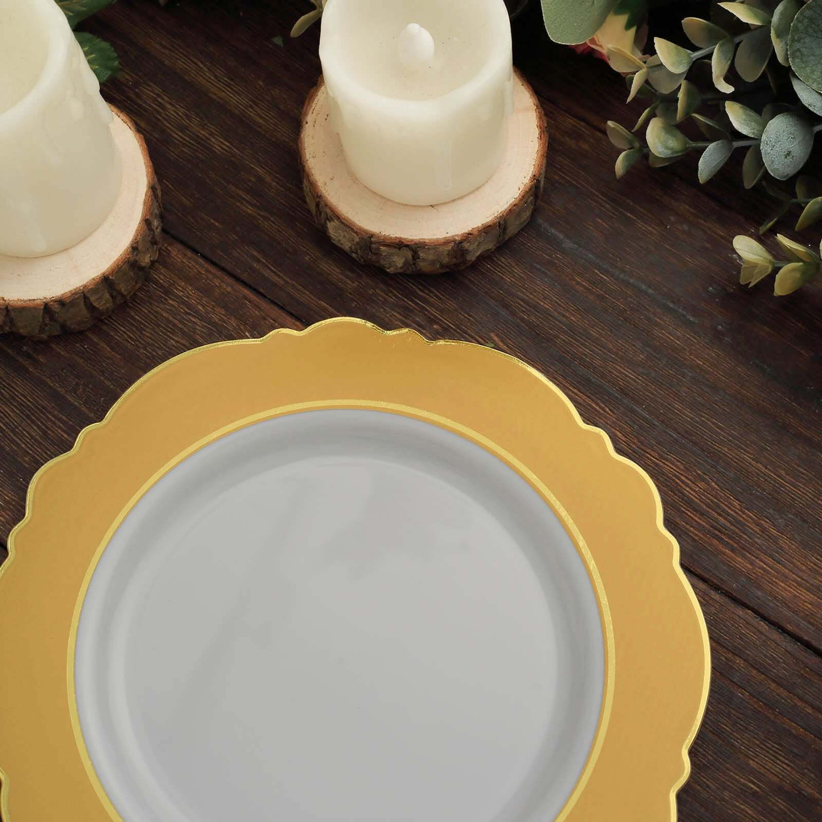 10-Pack Disposable White Plastic Dessert Plates with Gold Blossom & Edging for Elegant Table Decor
