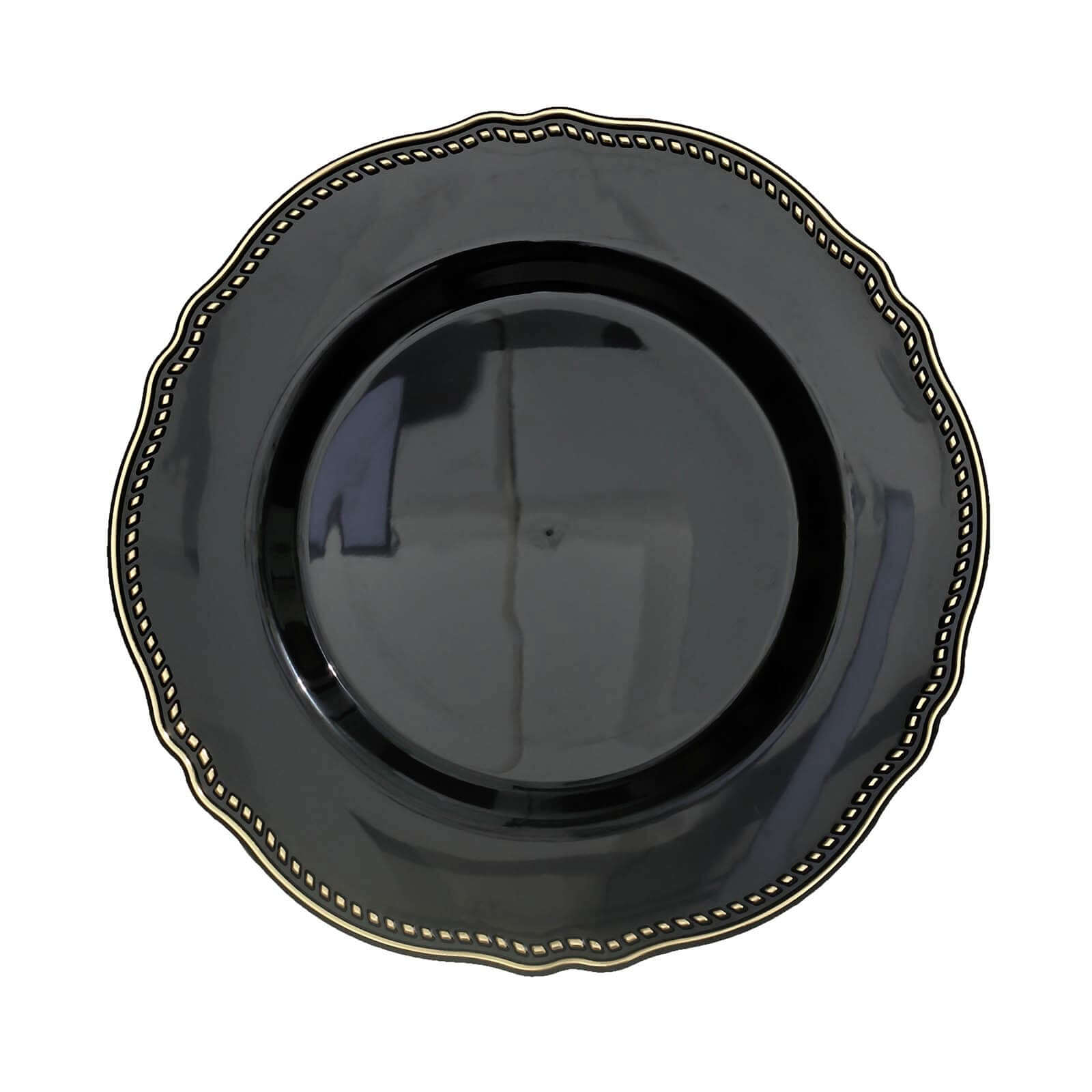 10-Piece Set of Disposable Black Plastic Dinner Plates with Gold Scalloped Rim
