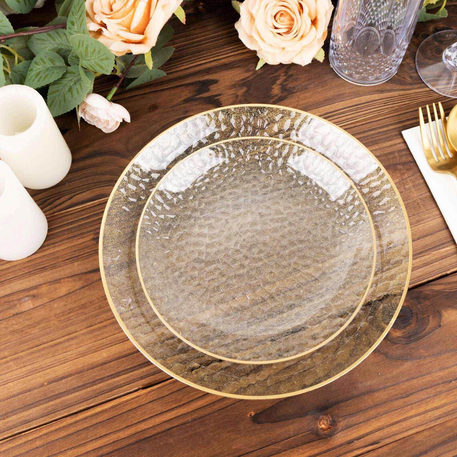 10-Pack Clear Plastic Dessert Plates with Gold Glitter Hammered Design and Rim - Disposable for Events