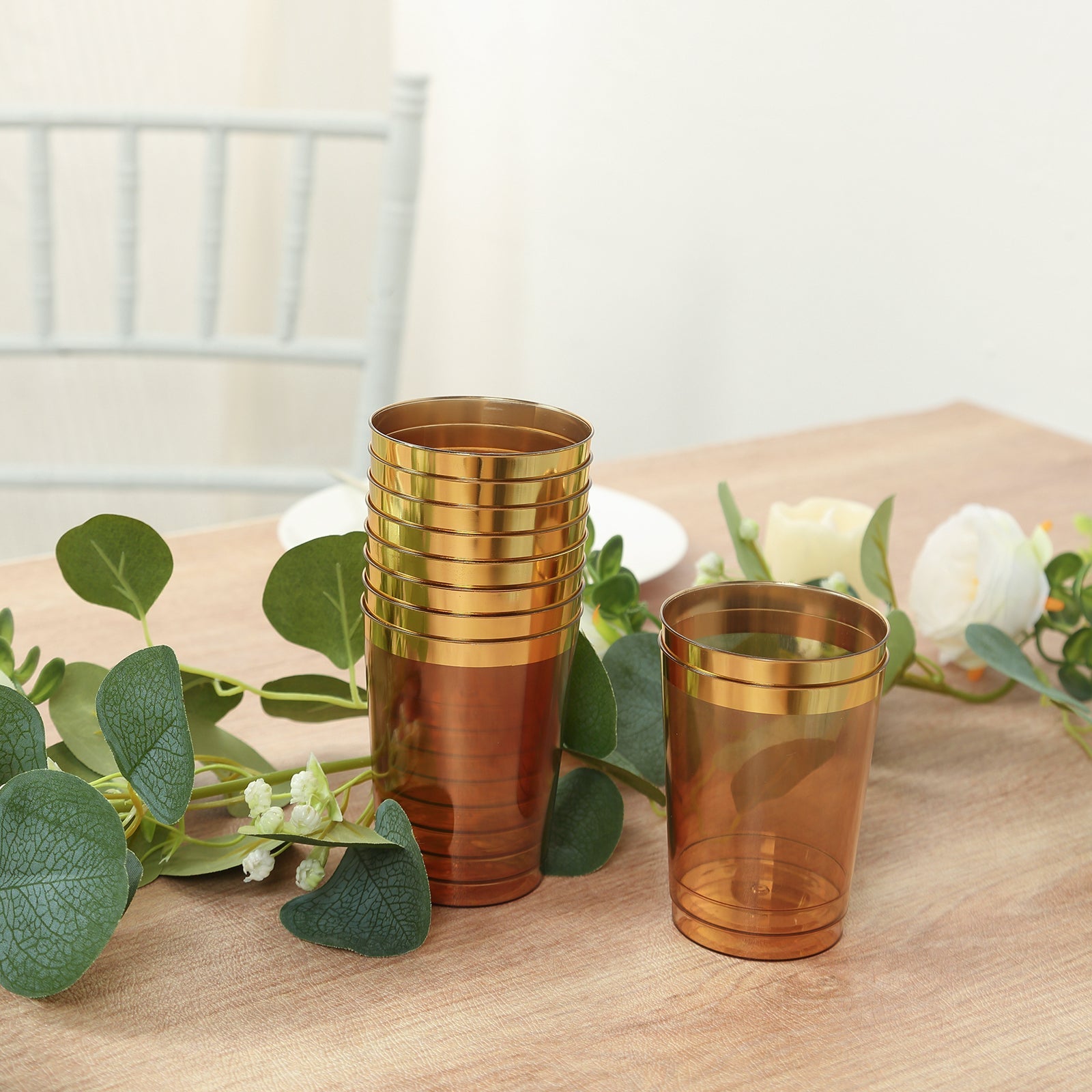 Get 25-Pack of 10oz Transparent Amber Gold Plastic Tumbler Cups with Gold Rim for Stylish Disposable Party