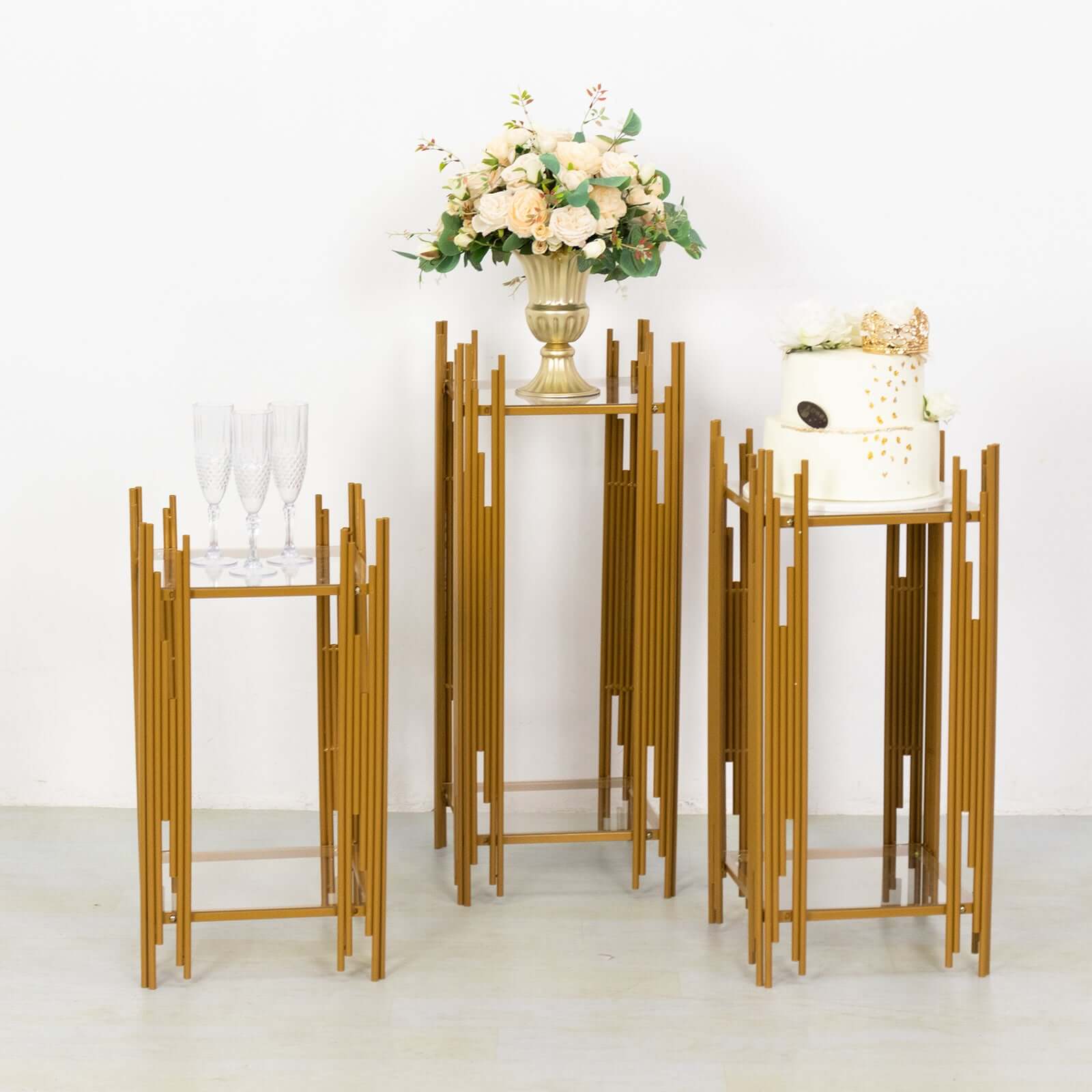 Hot Deal! Set of 3 Gold Metal Wedding Pedestal Stands with Square Acrylic Plates