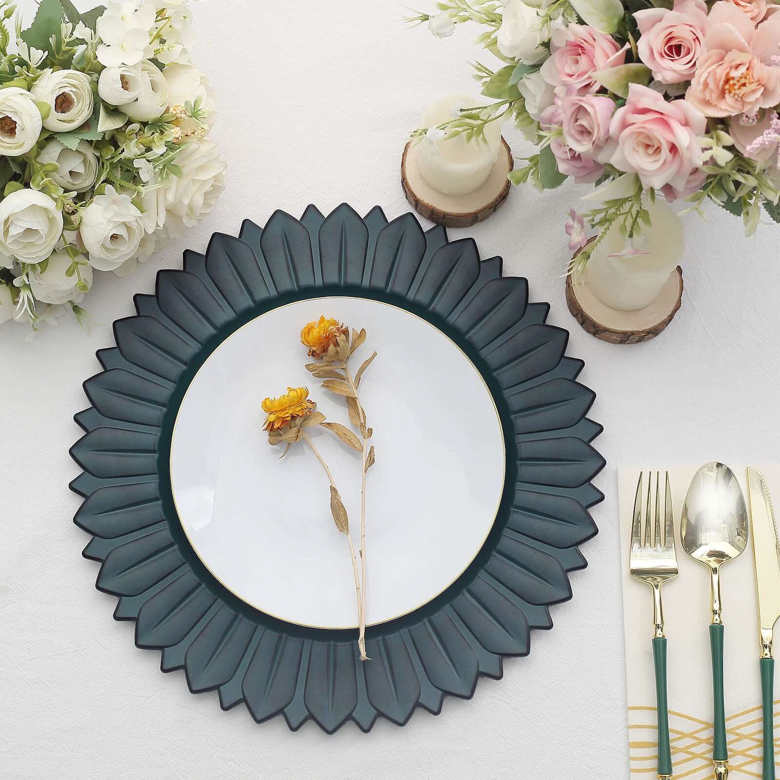 6-Piece Set of 13-Inch Matte Teal Plastic Round Charger Plates with Sunflower Rim