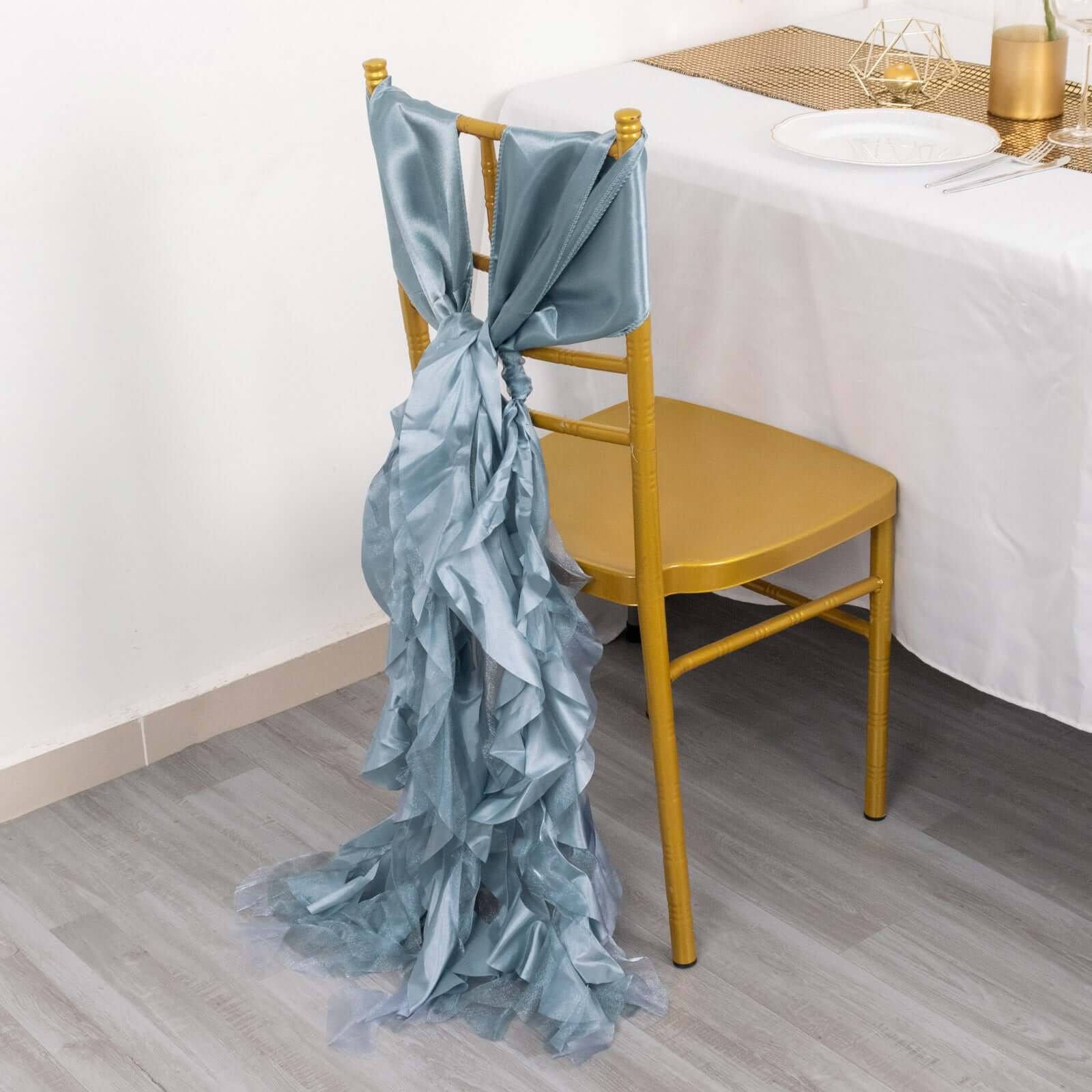 5-Pack Dusty Blue Chiffon Satin Chair Sashes - Easy Install, Curly Willow Style