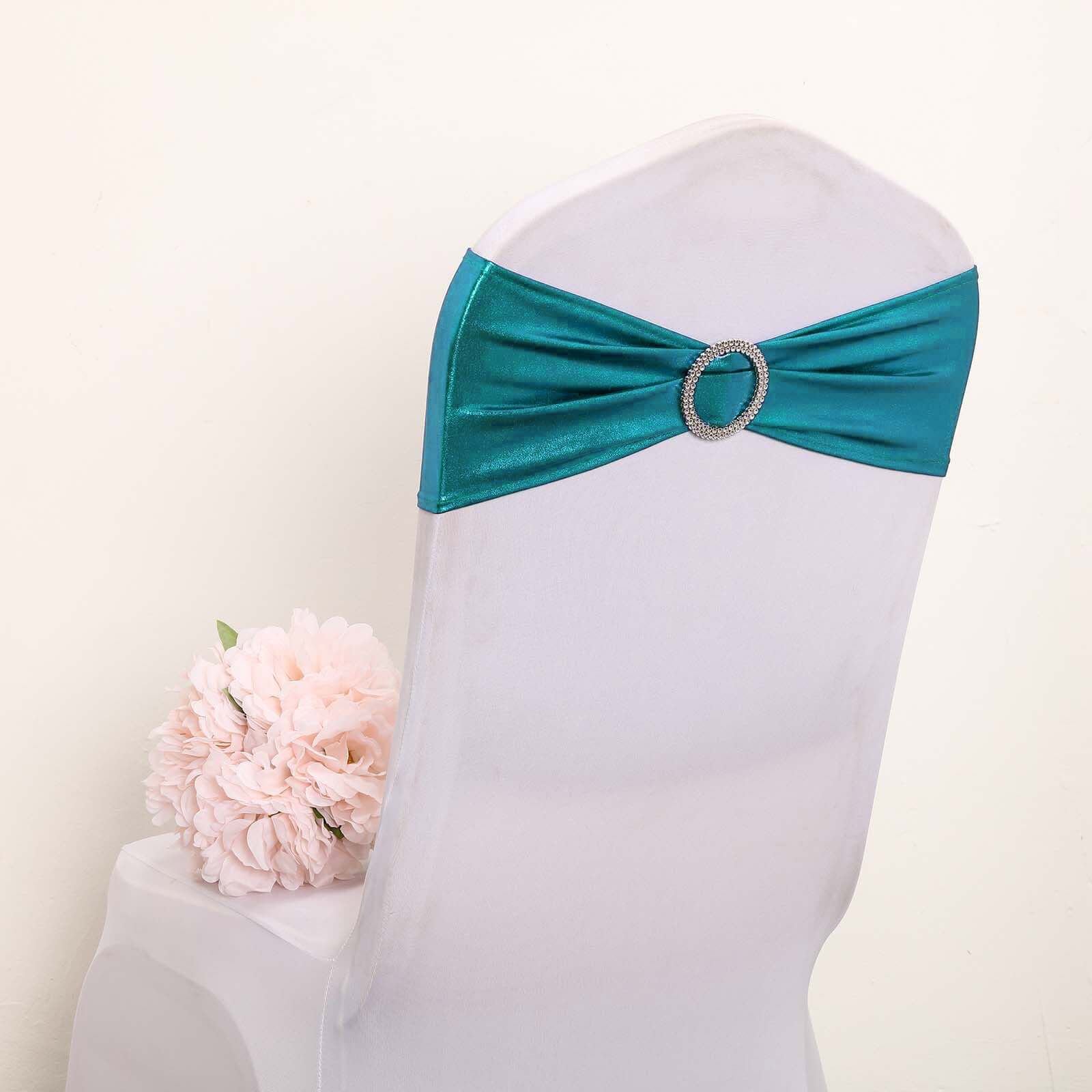 5-Pack Metallic Peacock Teal Spandex Chair Sashes with Round Diamond Buckles - Great for Events