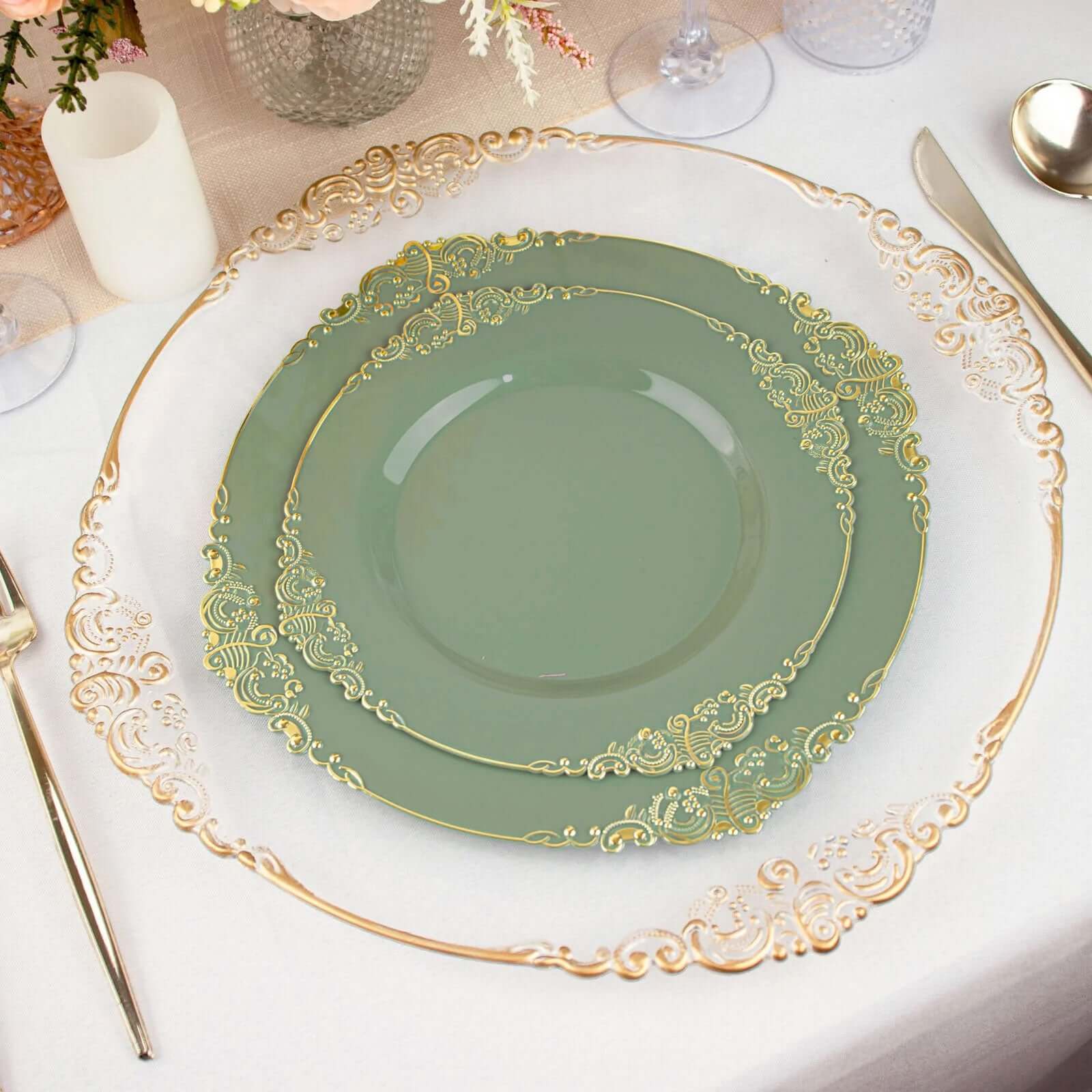 10-Pack Disposable Round Plastic Dinner Plates in Dusty Sage Green with Gold Leaf Embossed Rim - Vintage Baroque Style