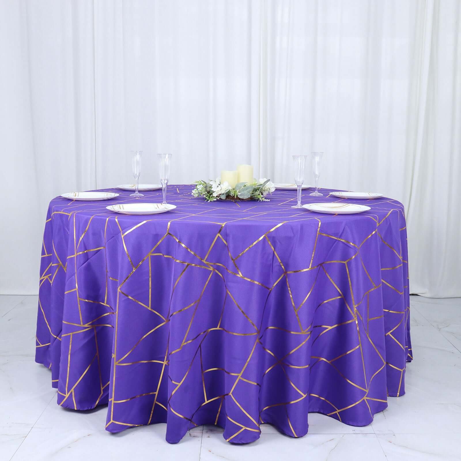 Hot! Wrinkle-Resistant Purple Polyester Round Tablecloth with Gold Foil Geometric Pattern, 120" Dia.