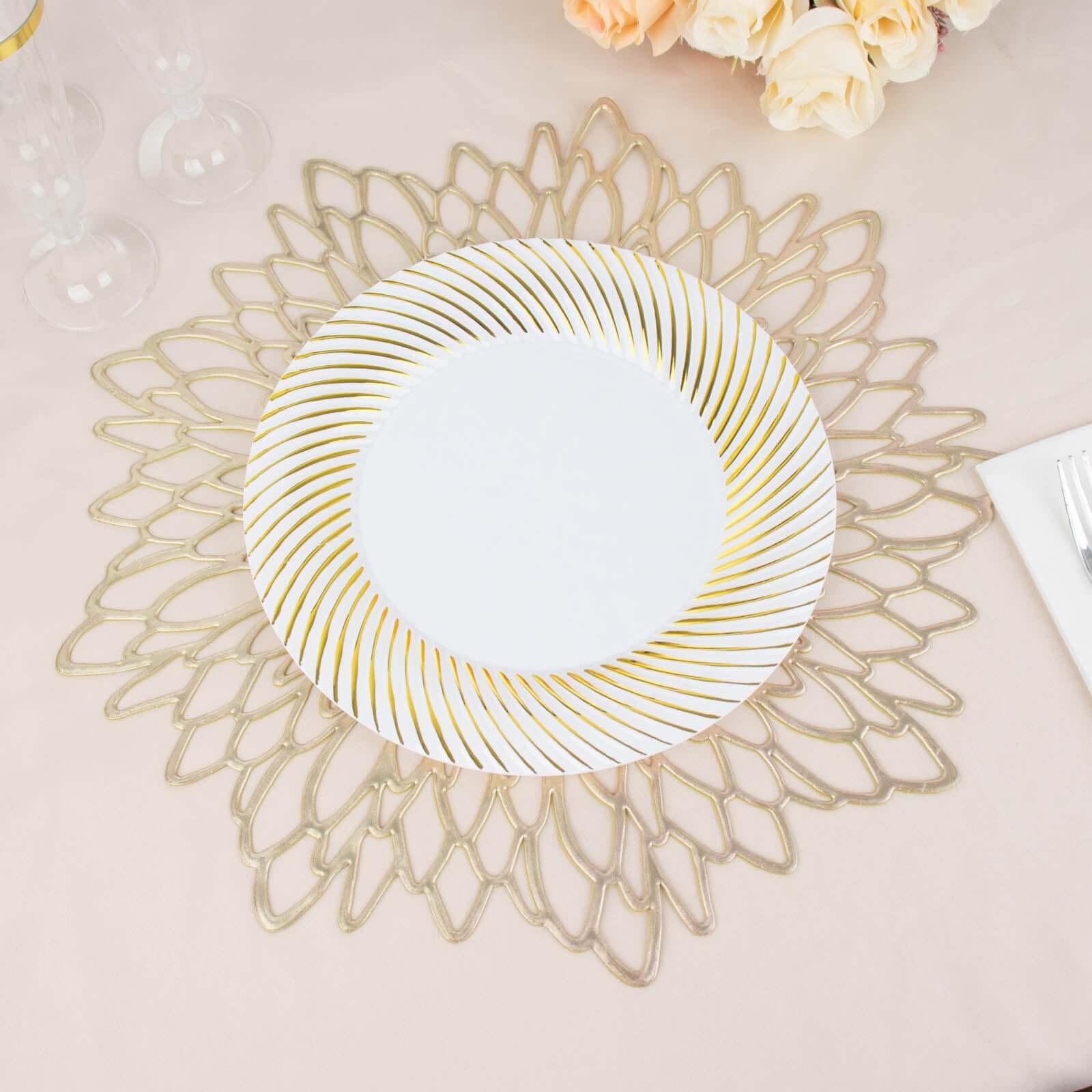 10-Pack Disposable White Dinner Plates with Gold Swirl Rim - Ideal for Parties