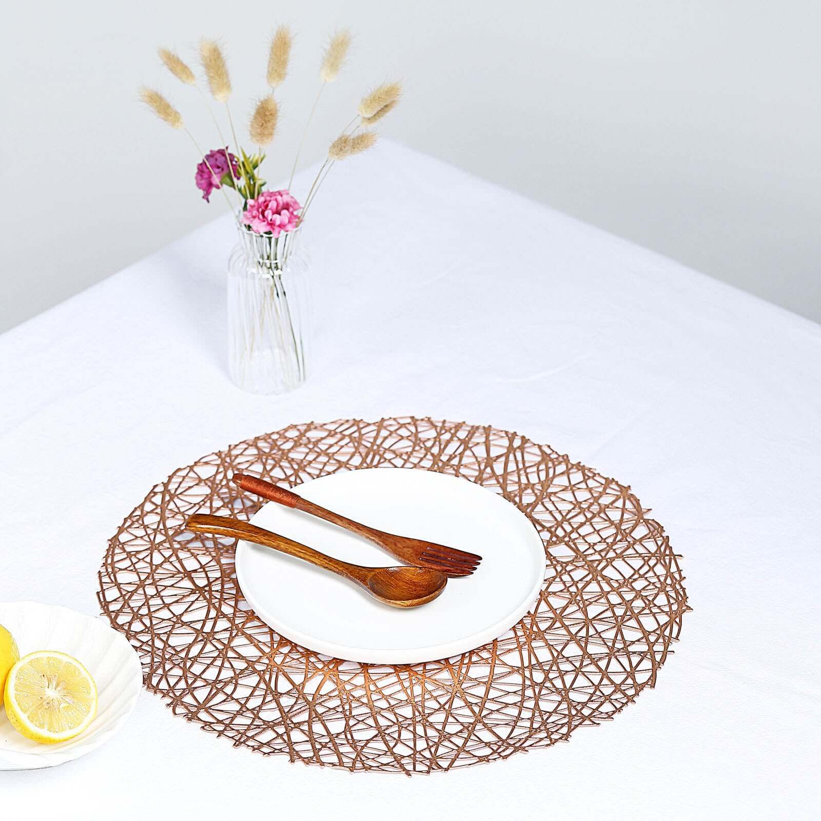 Hot Sale! 6-Piece Set of Durable Rose Gold Vinyl Round Dining Table Placemats with Woven Design
