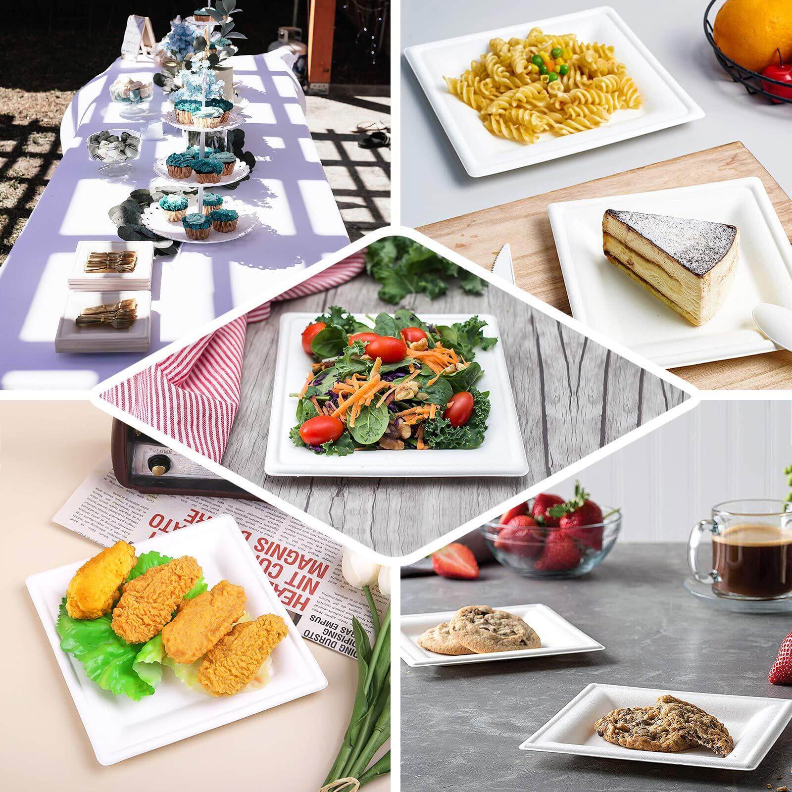 50-Piece Set of White Wide-Rimmed Square 10-Inch Bagasse Dinner Plates - Eco-Friendly for Events